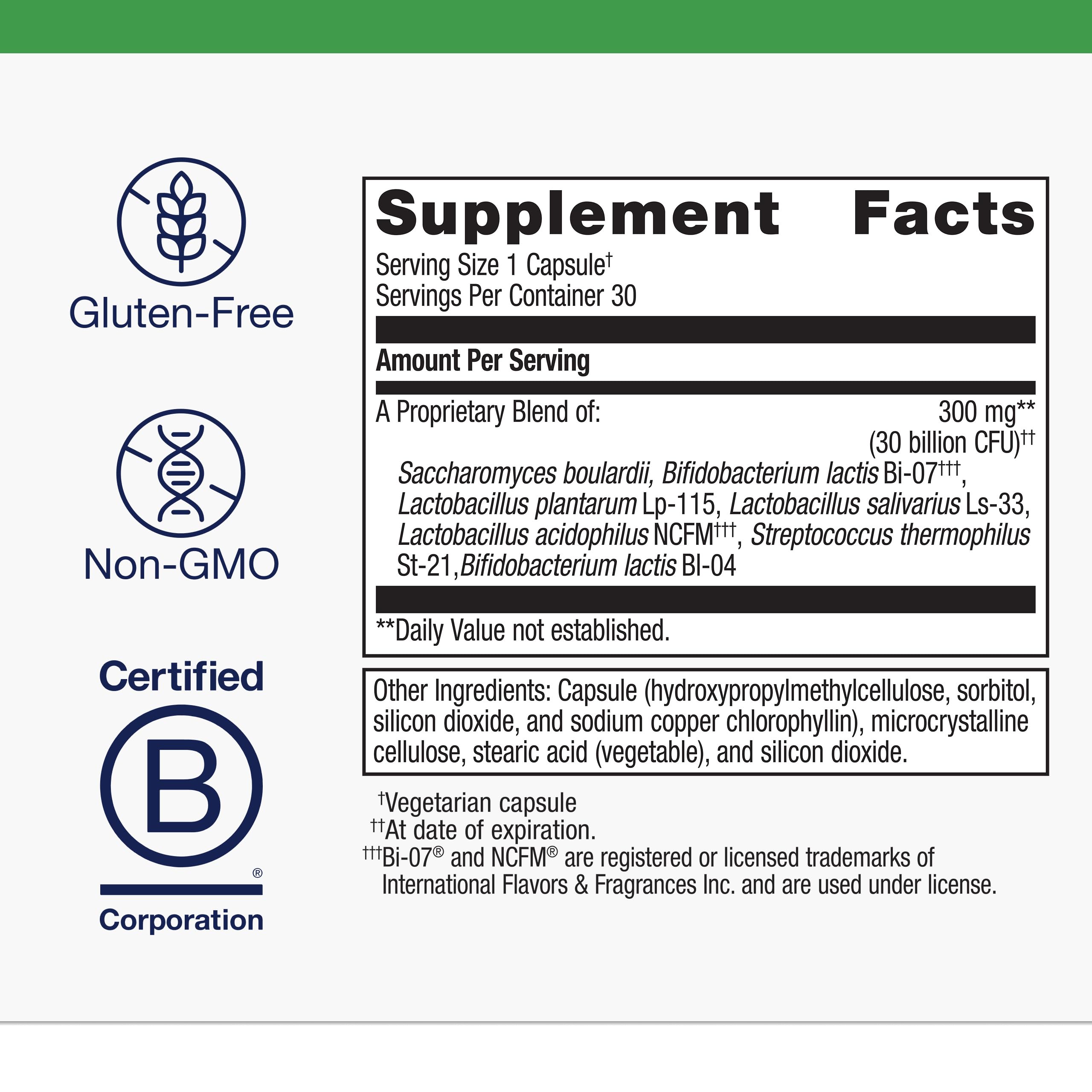 Metagenics UltraFlora Spectrum, cepas estudiadas NCFM para salud intestinal.
