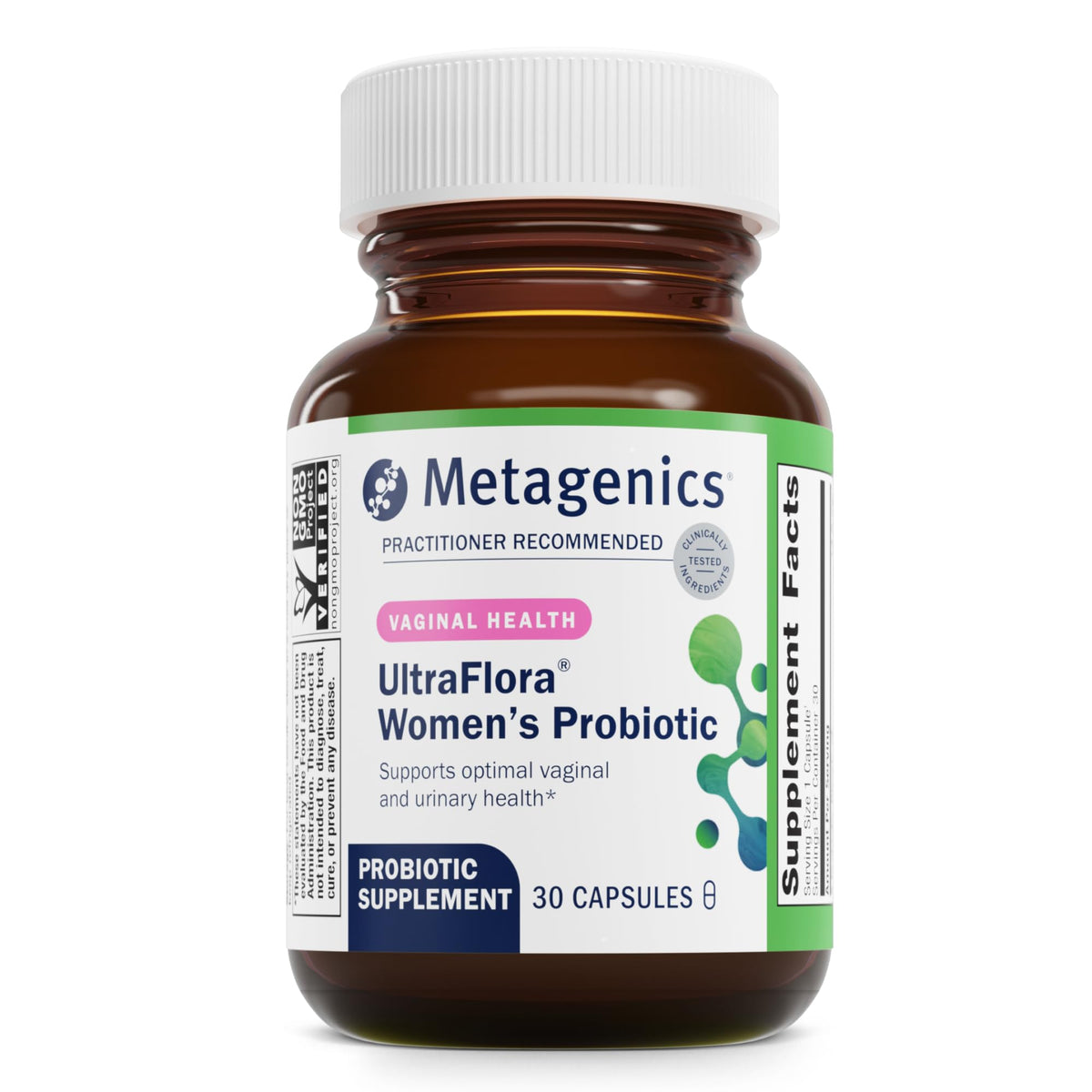 Metagenics UltraFlora Probiótico para Mujeres, botella diaria que apoya el equilibrio vaginal.