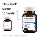 Metagenics Vitamina D3 1000 UI, caja frontal con información clave.