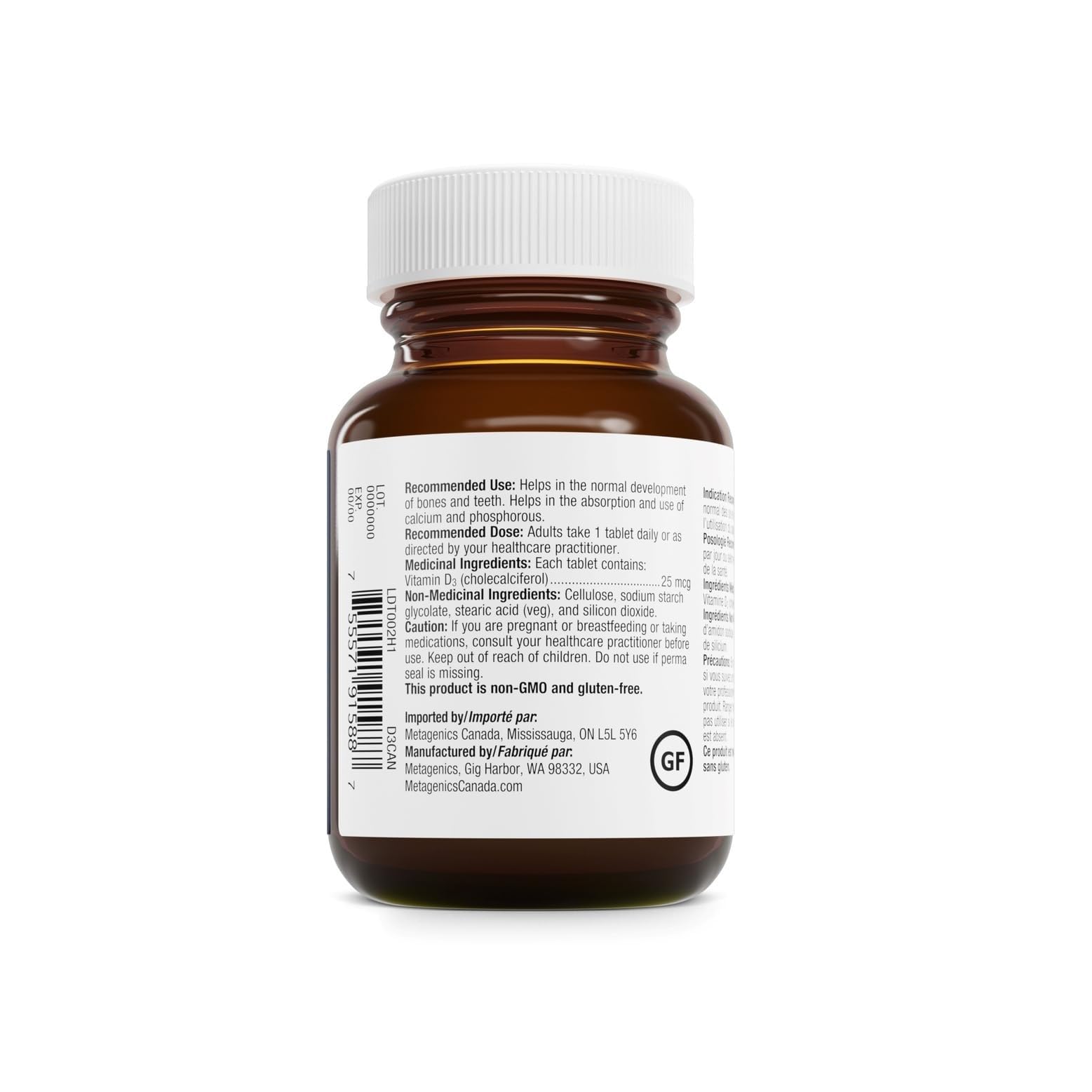 Metagenics Vitamina D3 1000 UI, etiqueta frontal que destaca la dosis diaria.