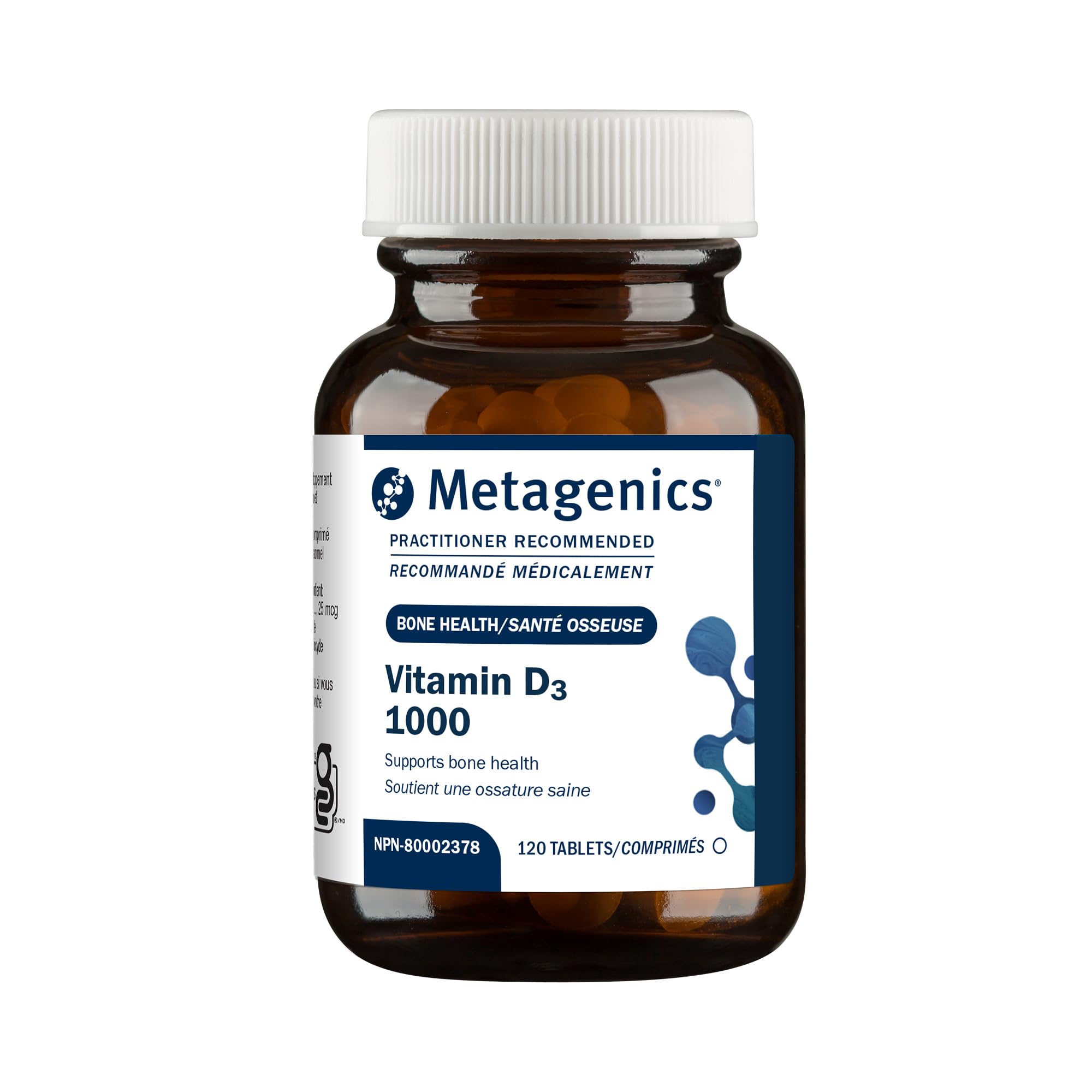 Metagenics Vitamina D3 1000 UI, tableta en botella con apoyo a huesos sanos.