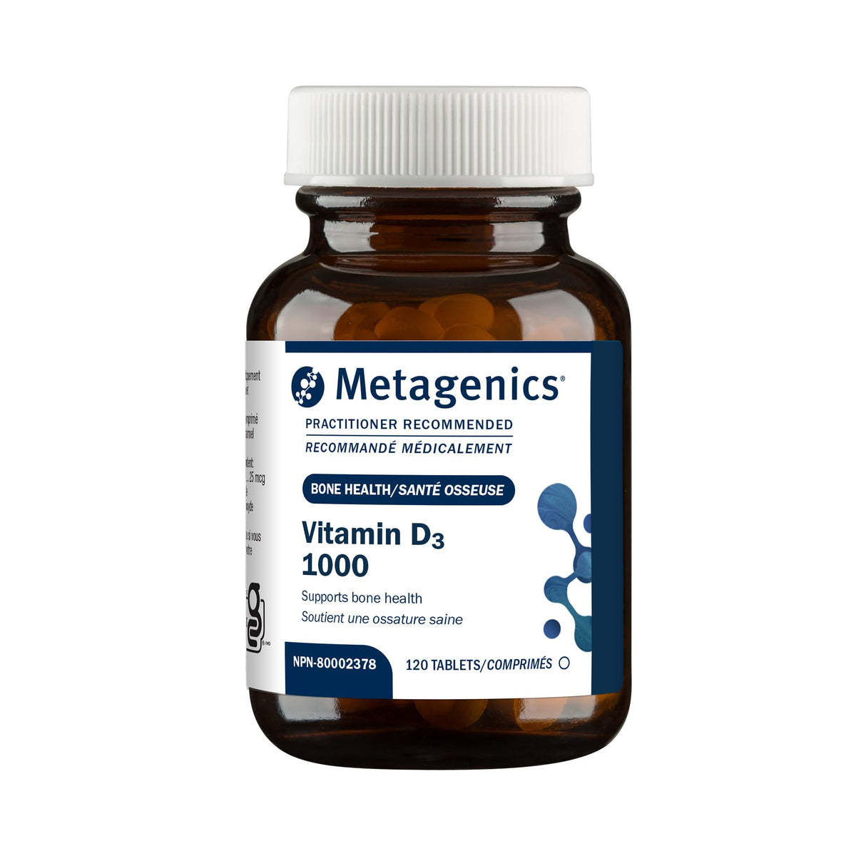 Metagenics Vitamina D3 1000 UI, tableta en botella con apoyo a huesos sanos.