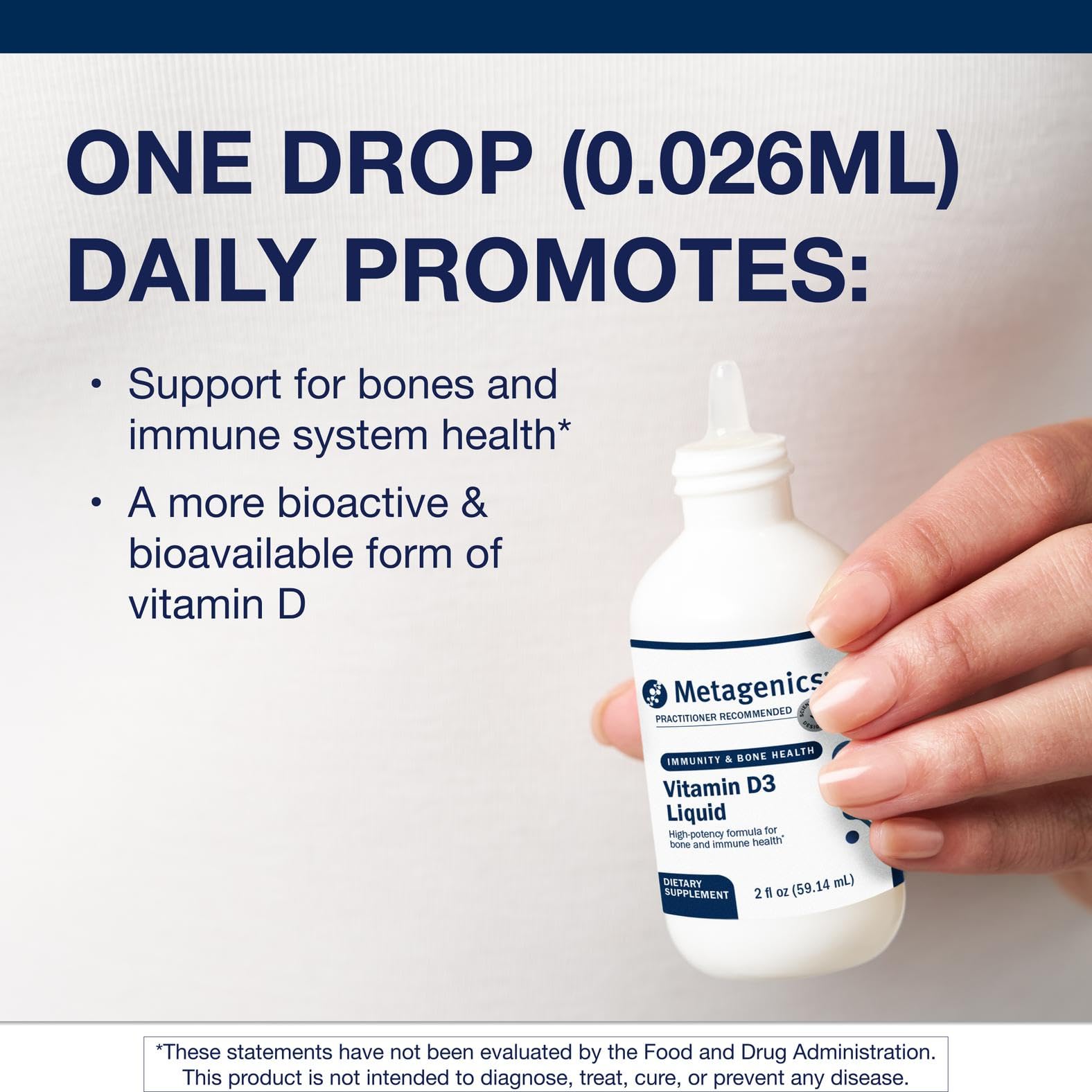 Metagenics Vitamina D3 líquido, fácil de tragar, ideal para niños y adultos.