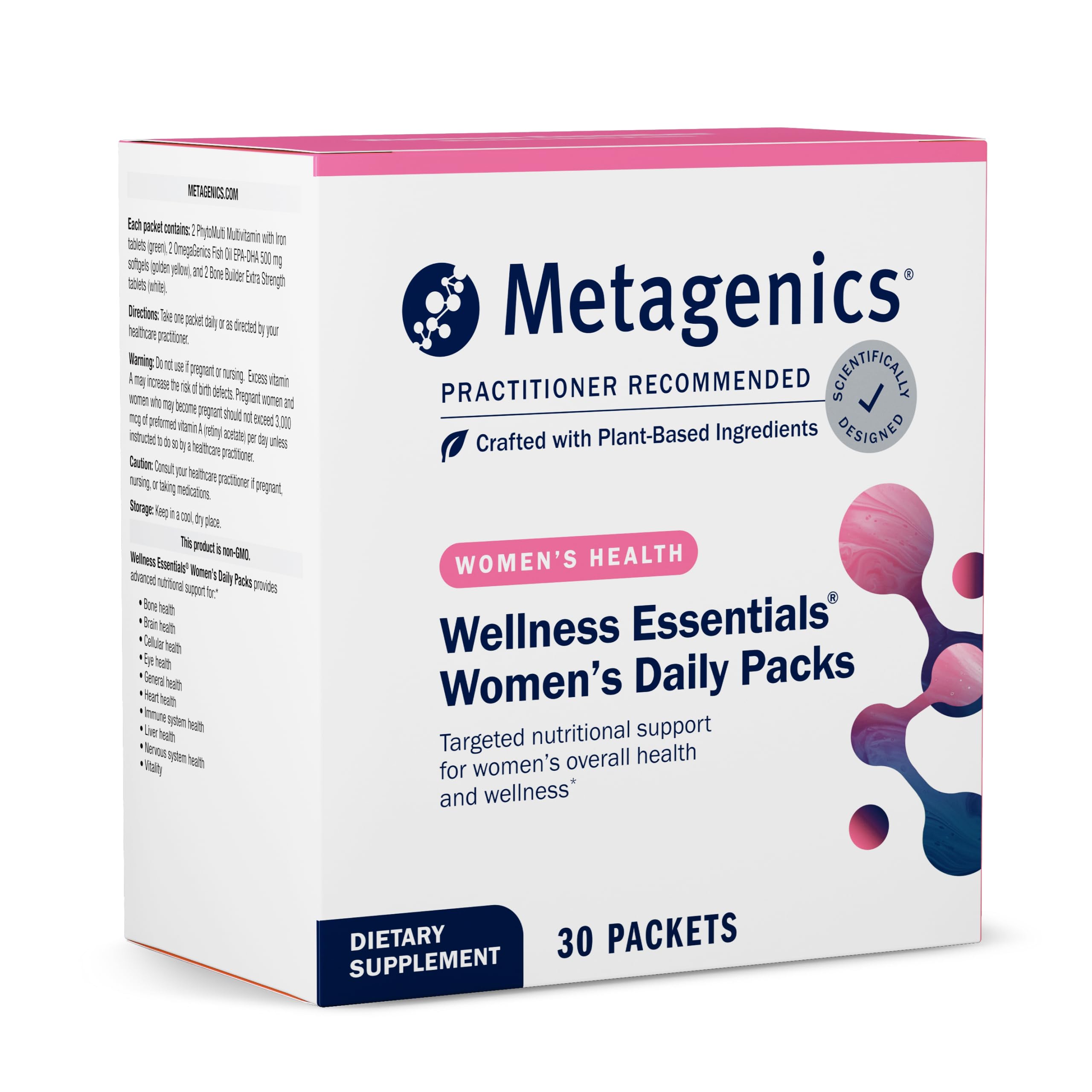 Metagenics Wellness Essentials para mujeres, sobres diarios en frasco, apoyo práctico para rutinas ocupadas.