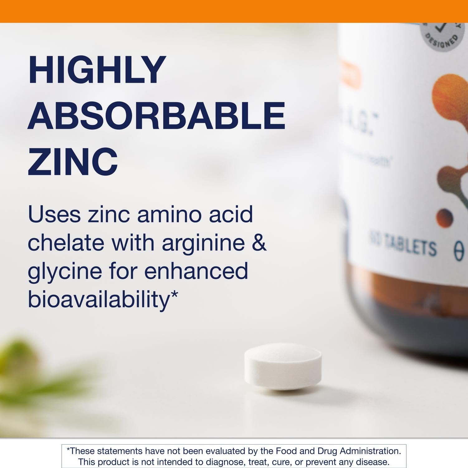 Etiqueta clara de Metagenics Zinc A.G. con beneficios clave