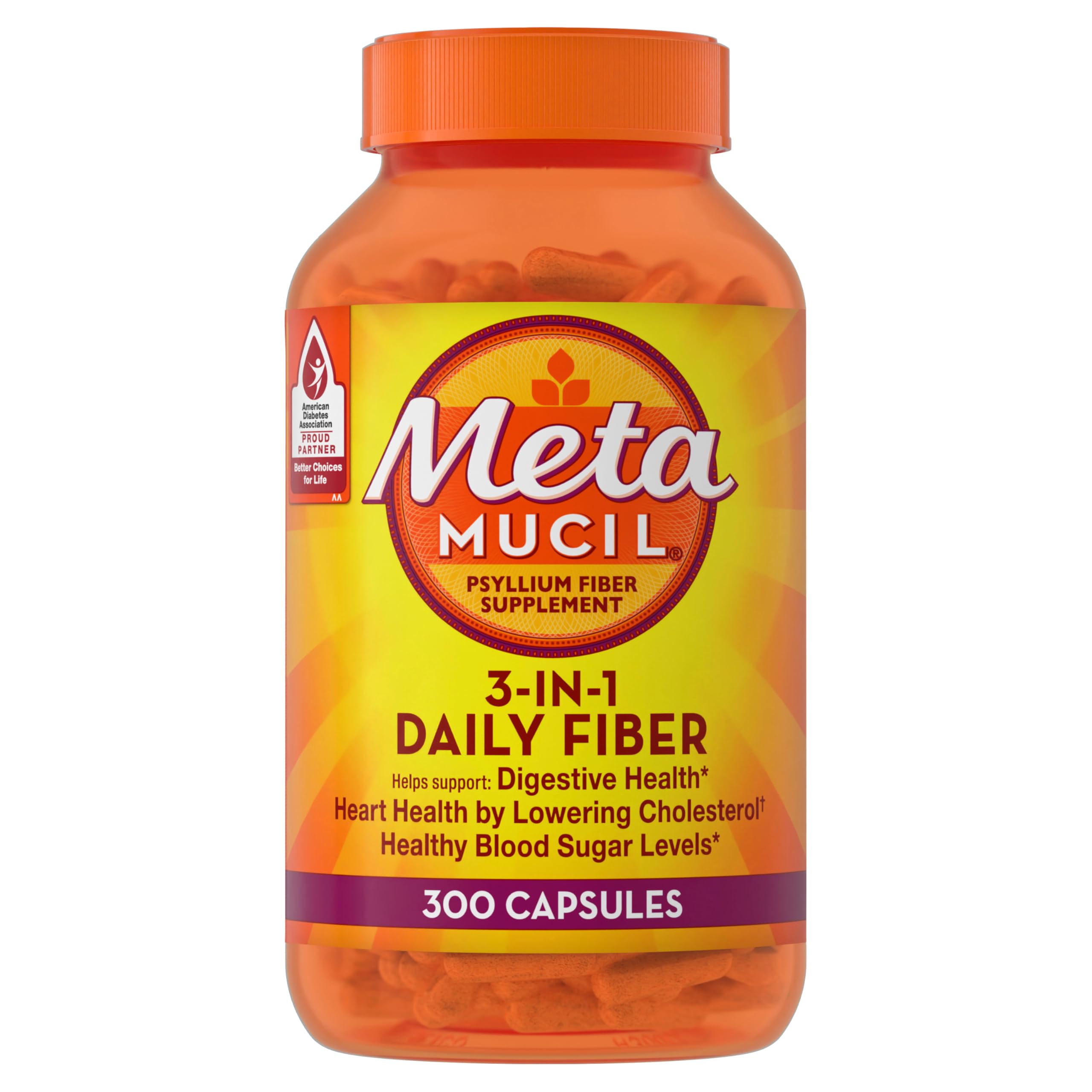 Metamucil cápsulas psyllium en bote, apoyo a la regularidad diaria.