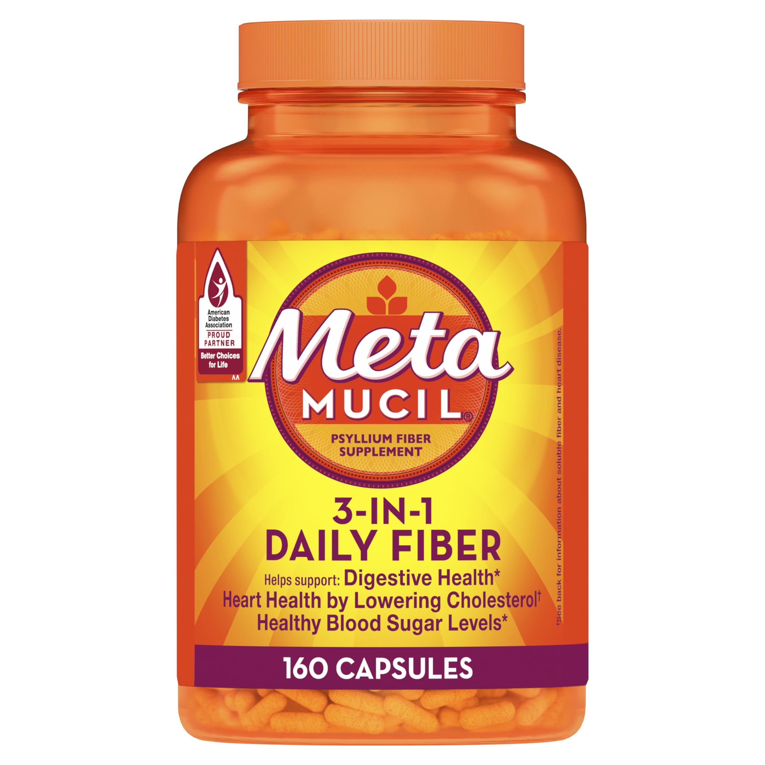 Metamucil cápsulas de fibra Plantago ovata en frasco para regularidad.
