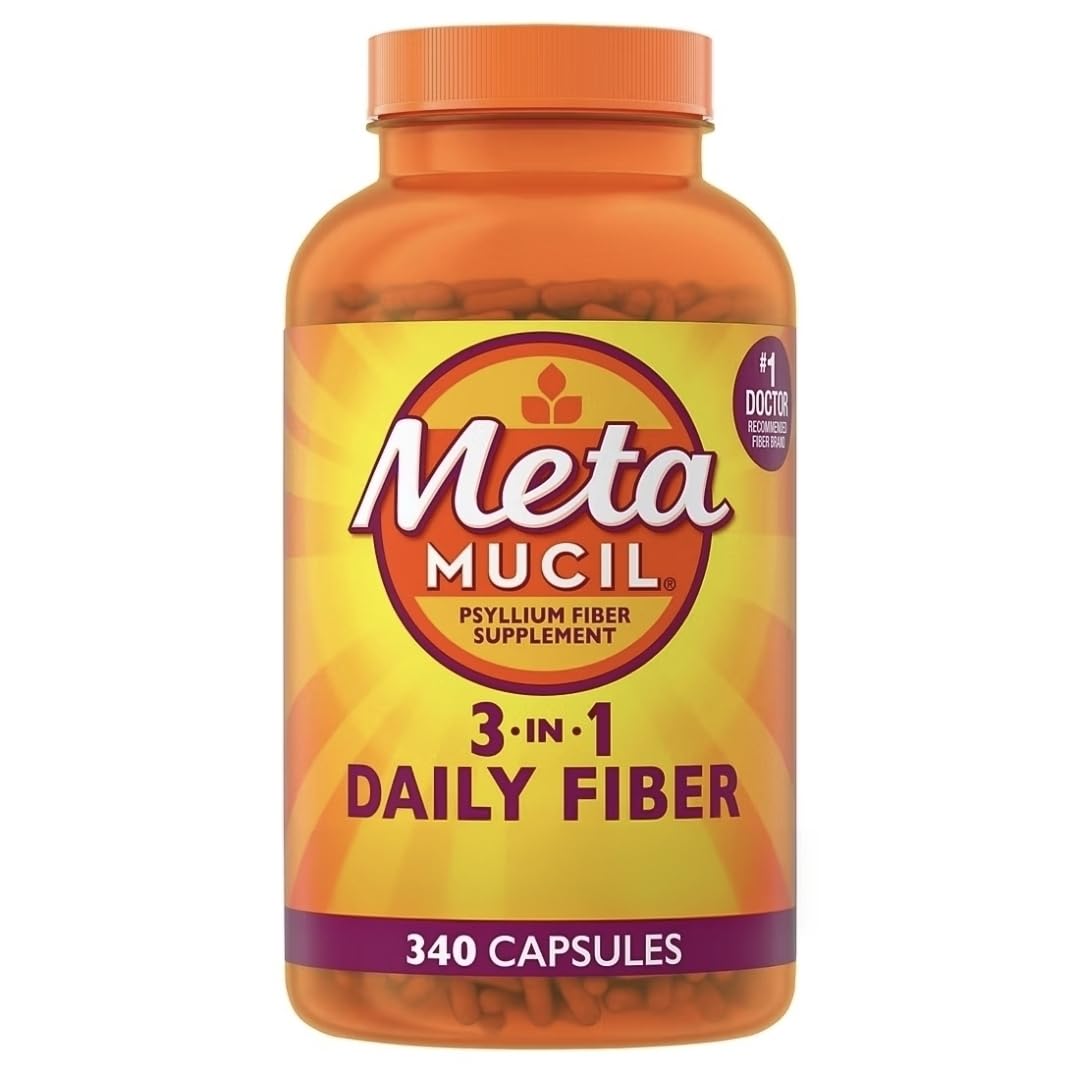 Metamucil cápsulas de fibra tres en uno para apoyo digestivo diario.