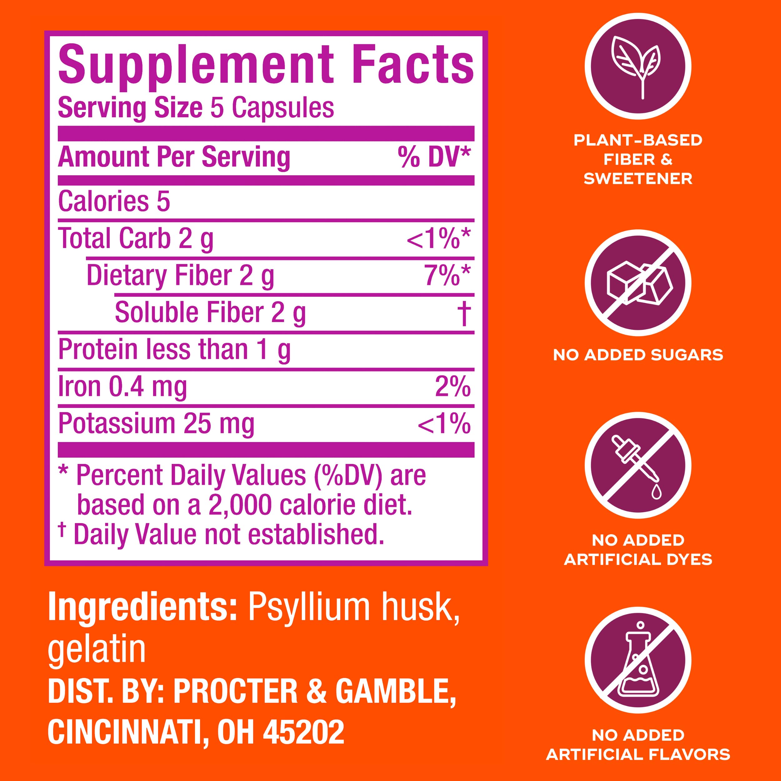 Metamucil cápsulas psyllium, envase visible, soporte para la salud digestiva diaria.