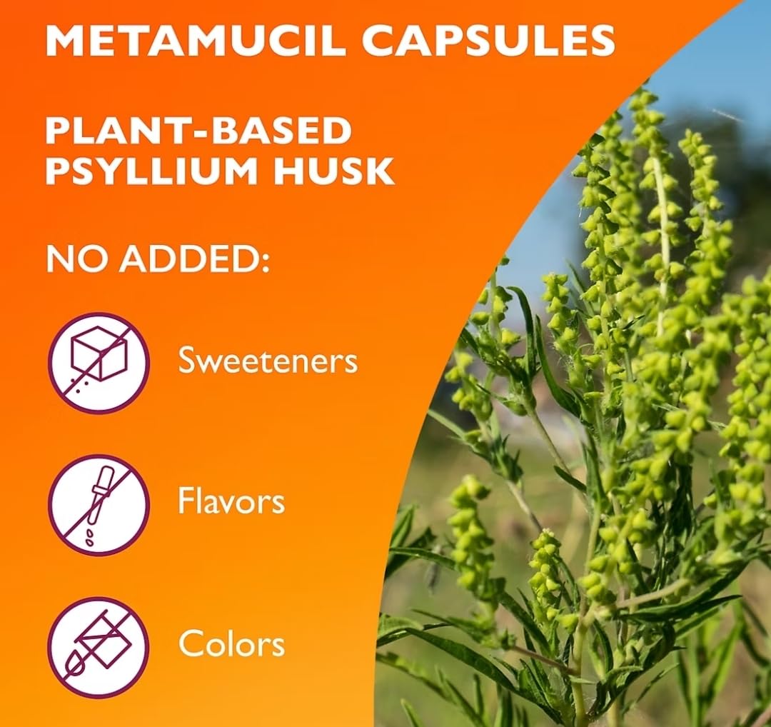 Metamucil cápsulas con psyllium husk, fibra de planta para la salud digestiva.