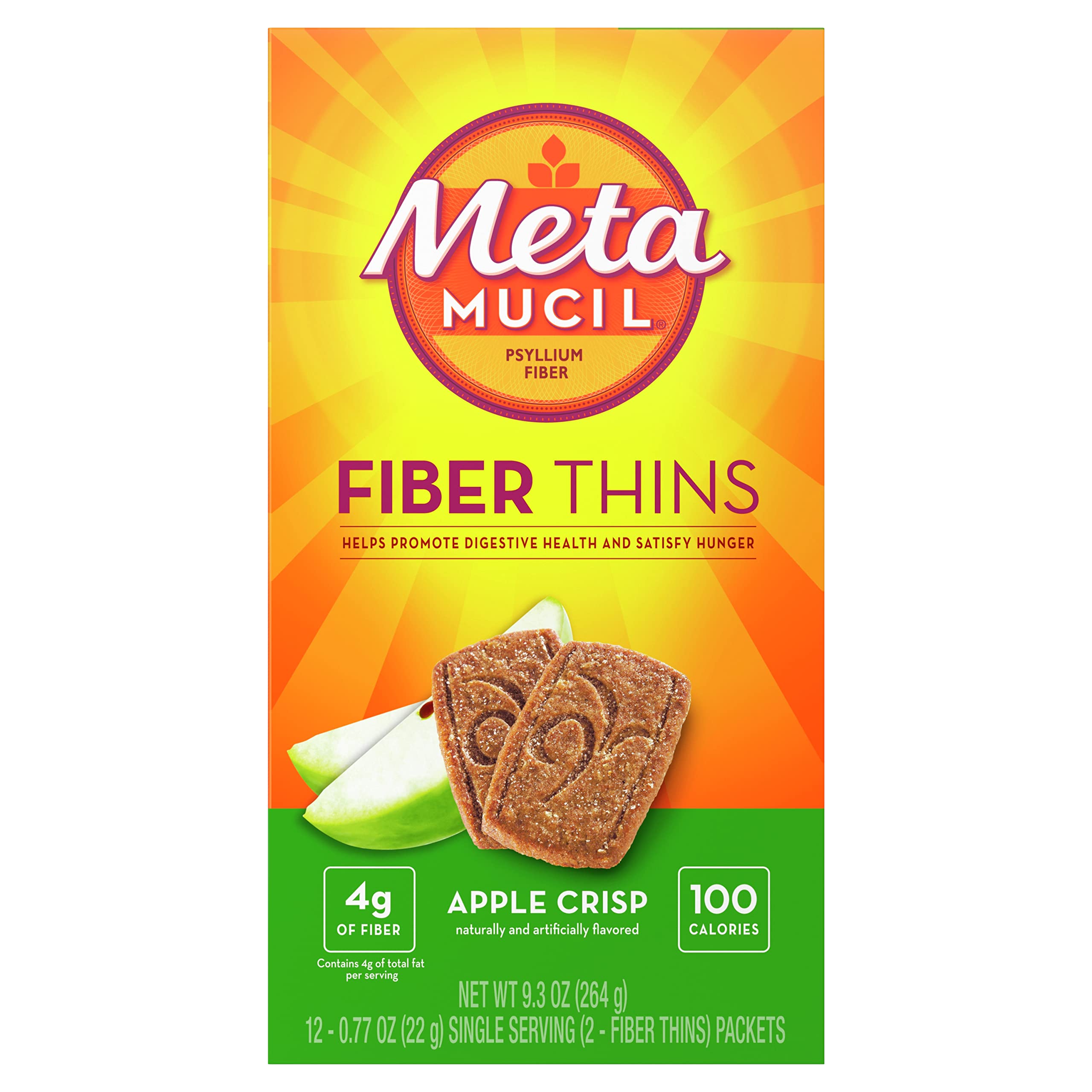 Metamucil laminas manzana-crujiente en paquete, snack con fibra para saciar el hambre.