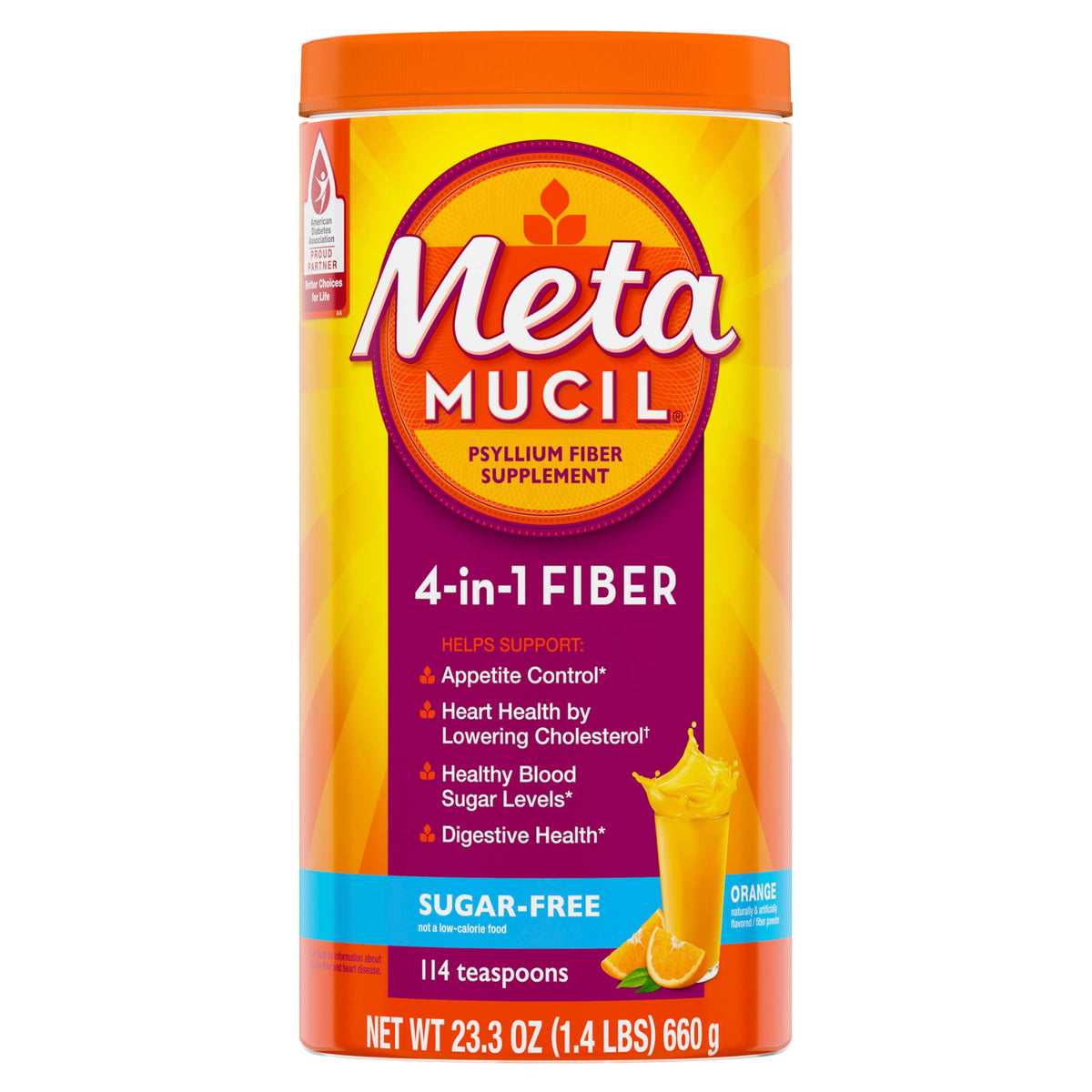 Metamucil naranja pote vertido: inicio sencillo de la rutina diaria de fibra.