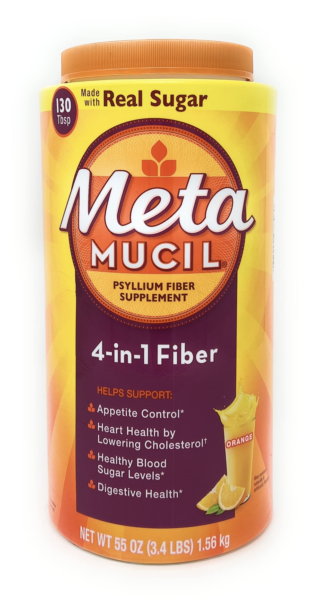 Metamucil polvo naranja etiqueta: fibra de origen vegetal para apoyo digestivo.