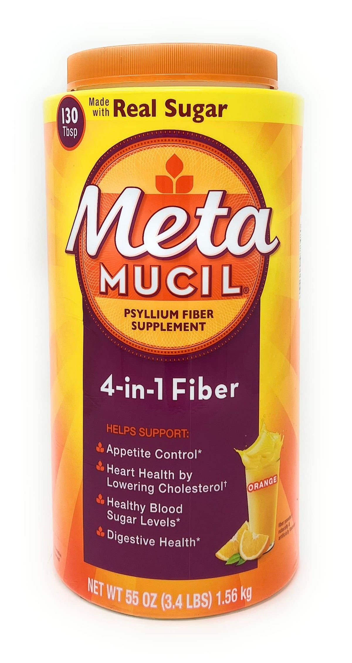 Metamucil polvo naranja etiqueta: fibra de origen vegetal para apoyo digestivo.