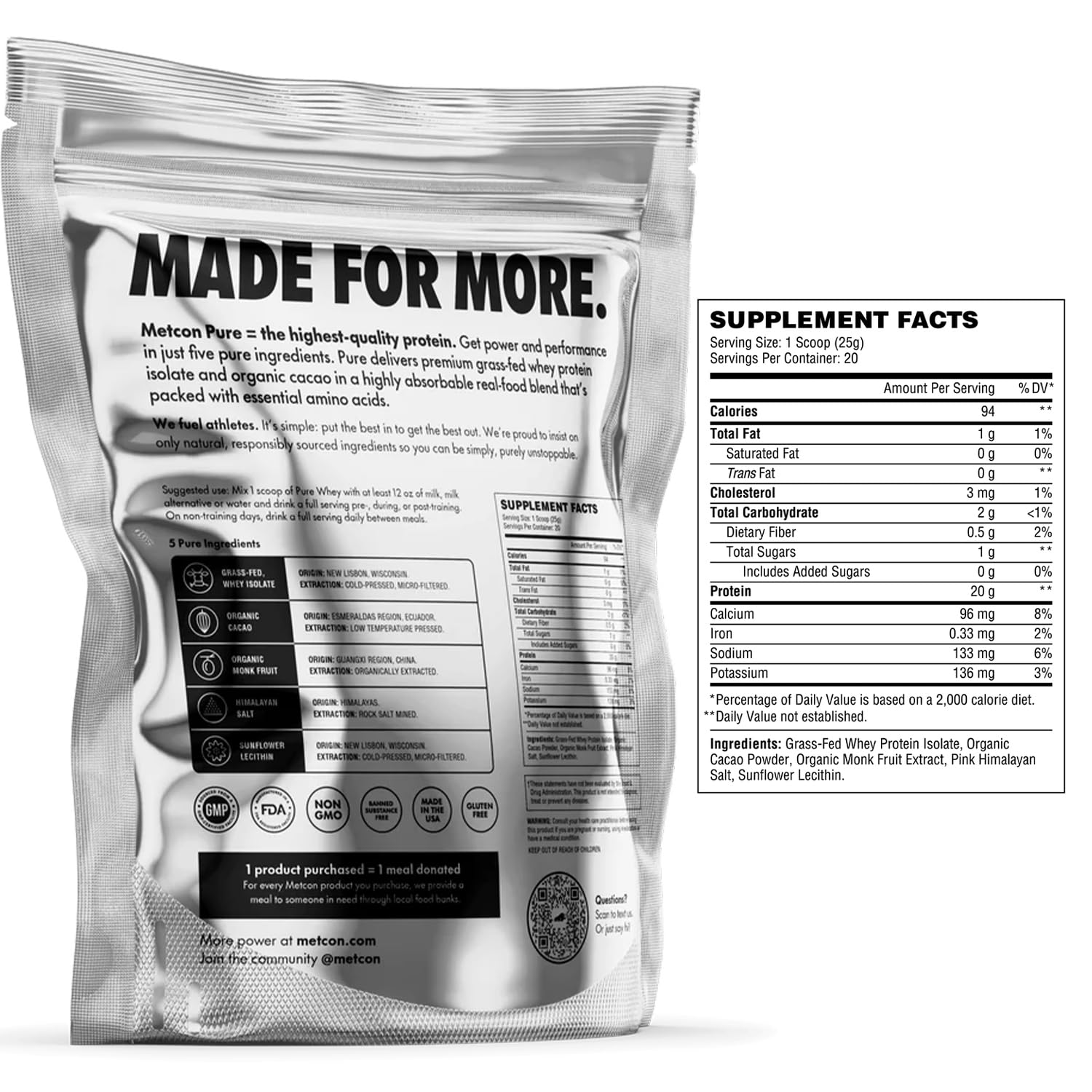 MetCon Whey Protein Isolate, cuchara medidora, ideal para batidos post-entreno con cacao orgánico.