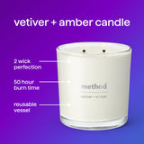 Vela con aroma duradero Vetiver Amber para ambientar salones y dormitorios.