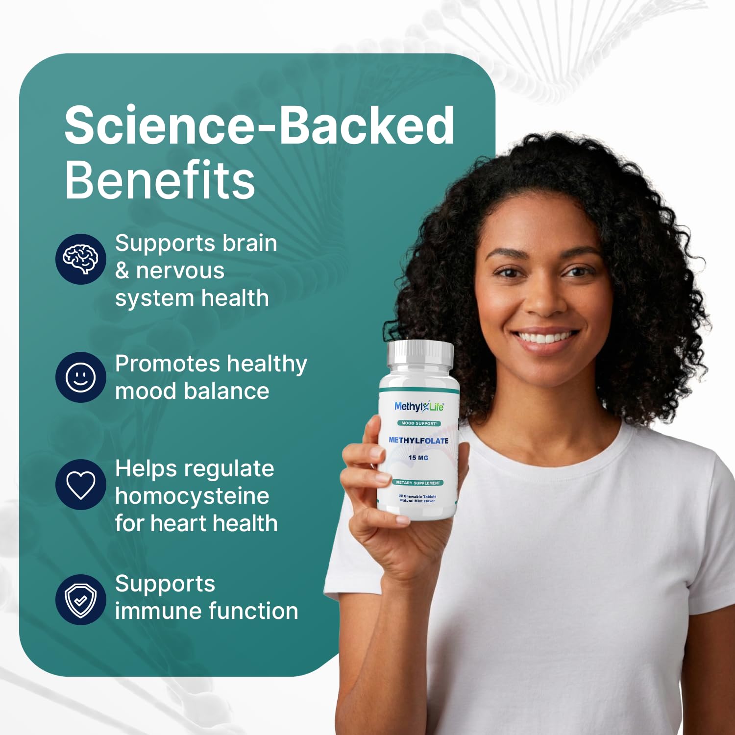 Etiqueta de Methyl-Life L-Methylfolato 15 mg con ingredientes y forma activa Cerebrofolato.
