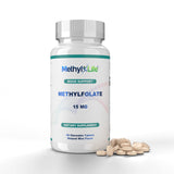 Frente de la botella Methyl-Life L-Methylfolato 15 mg, presentación clara para uso diario.