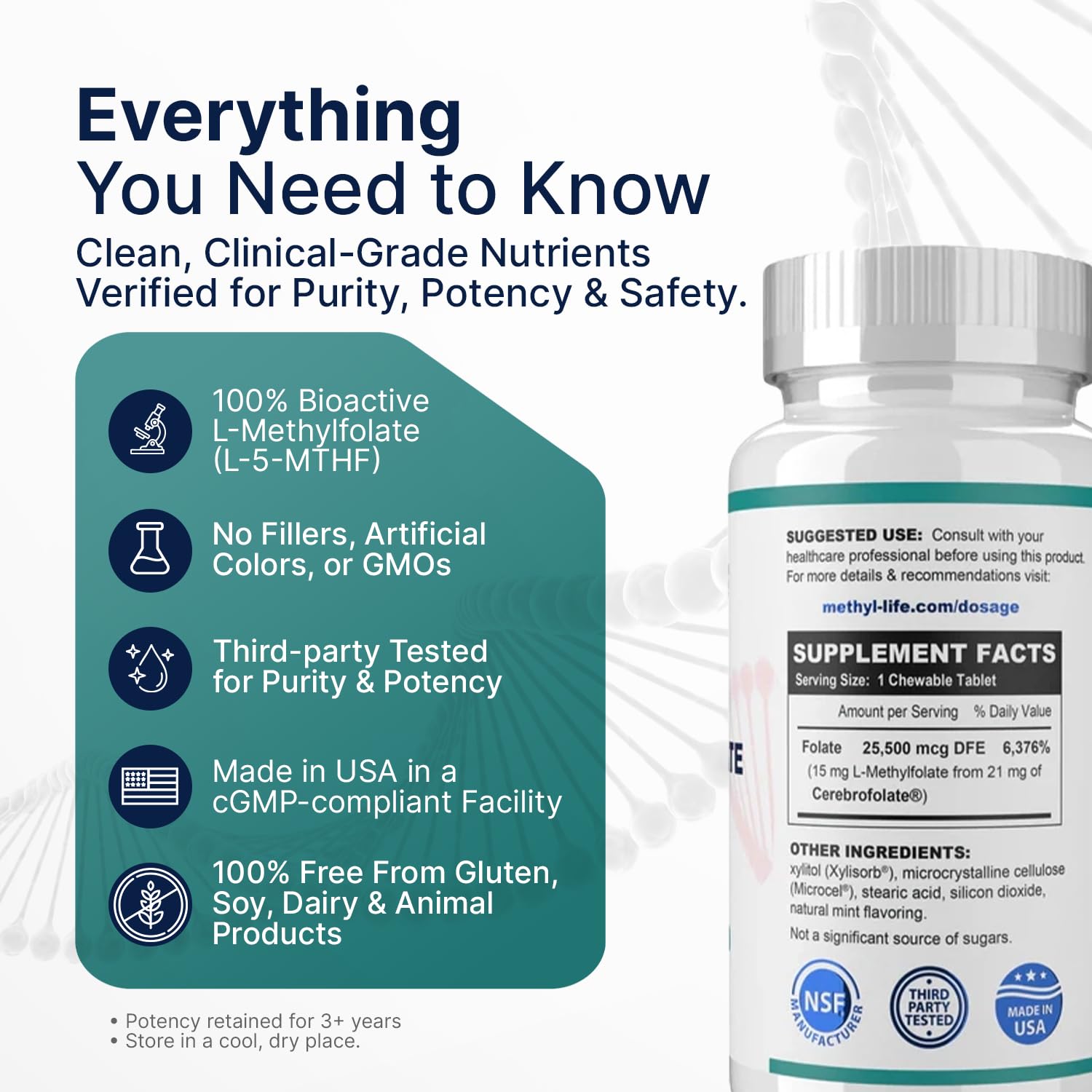 Detalle de la tableta masticable de Methyl-Life L-Methylfolato 15 mg.