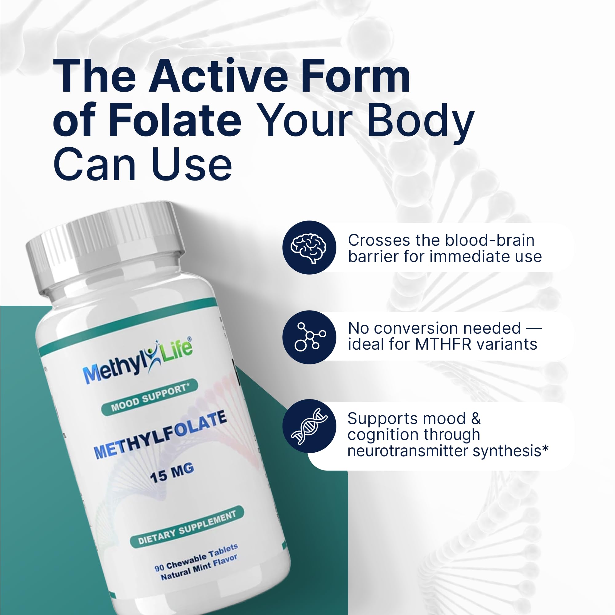 Tabletas masticables con sabor a menta de Methyl-Life L-Methylfolato 15 mg.