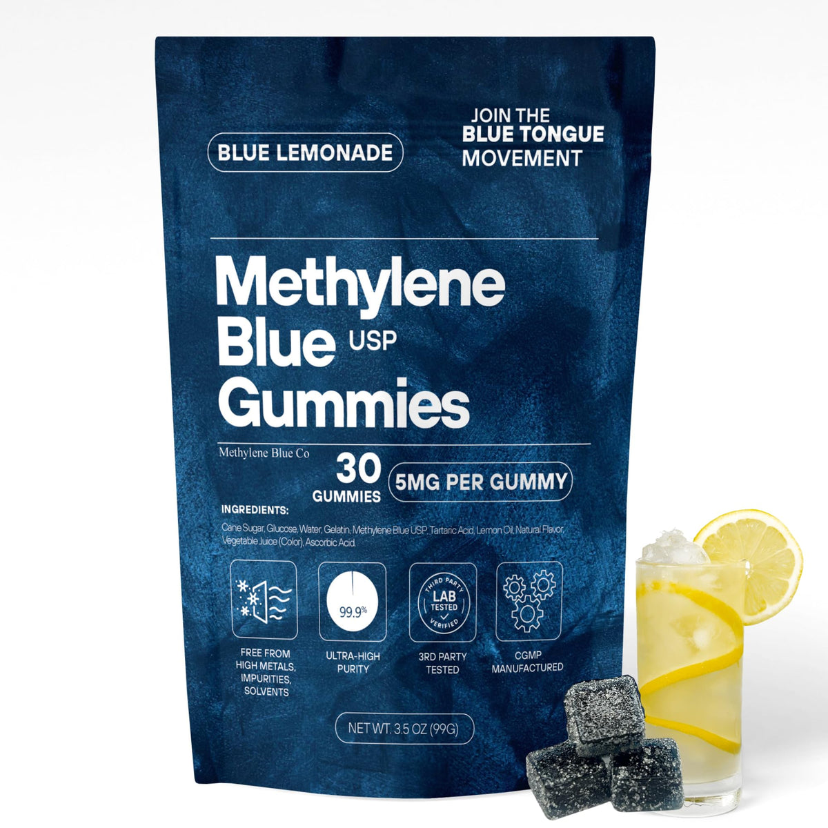 METHYLENE BLUE CO: botella frontal y etiqueta USP fortalecen confianza en la calidad.