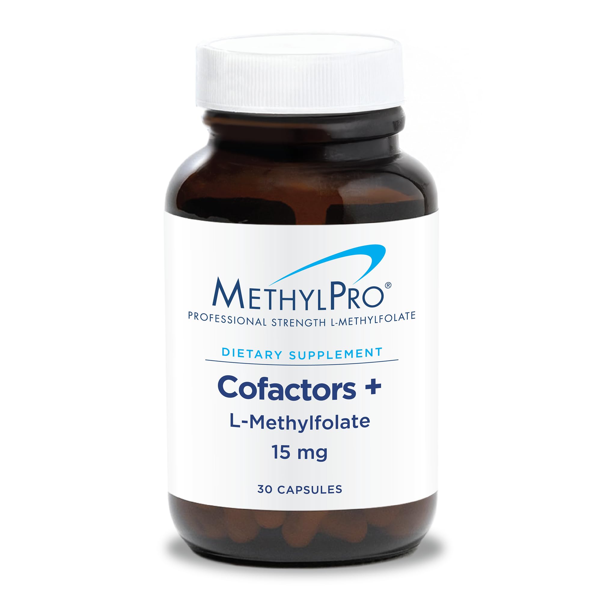 Frasco de cápsulas MethylPro Cofactores con L-Metilfolato para apoyo de la metilación.