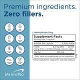 Envase seguro de MethylPro L-Metilfolato sin alérgenos comunes.