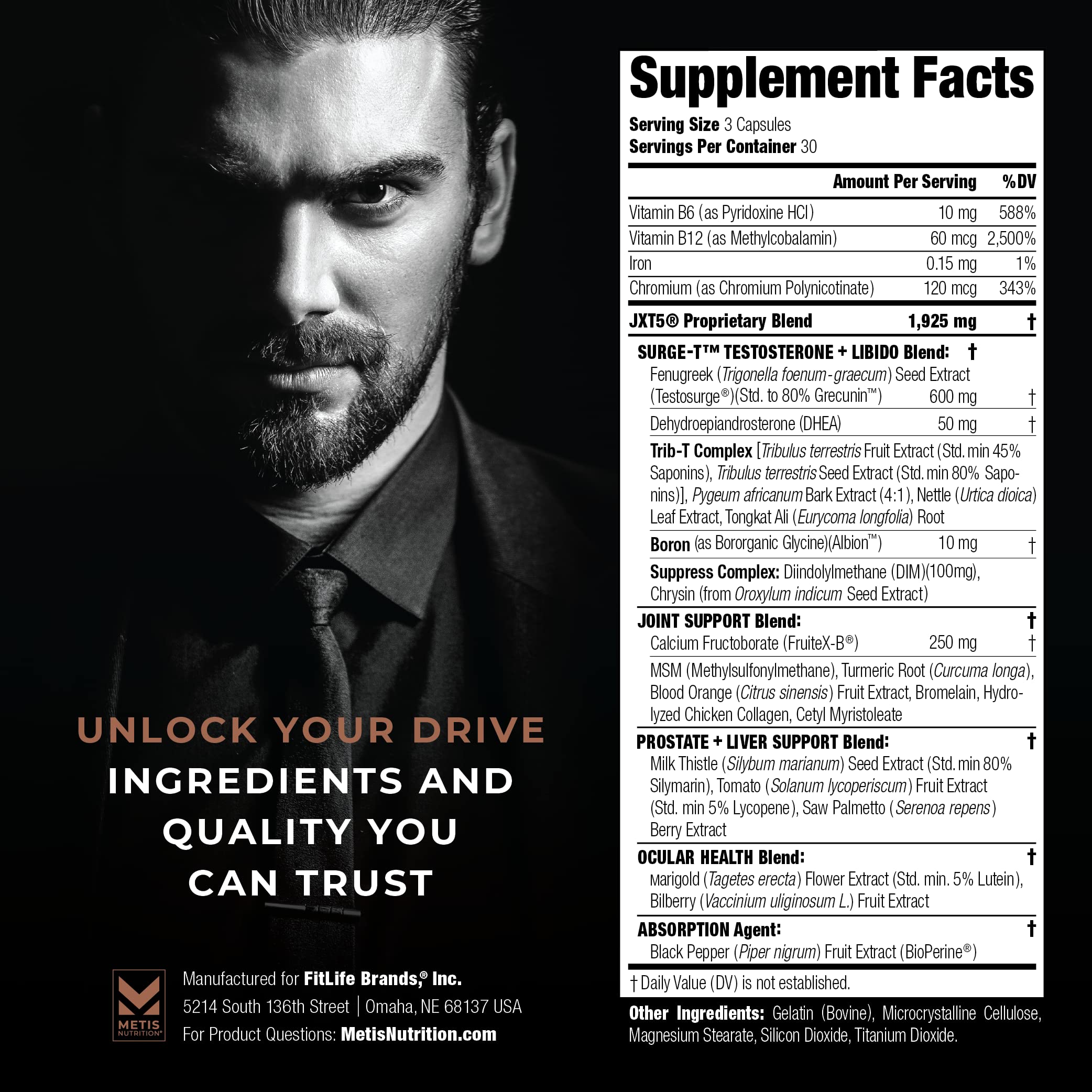 MetisNutrition JXT5 etiqueta frontal: envase premium para bienestar masculino.