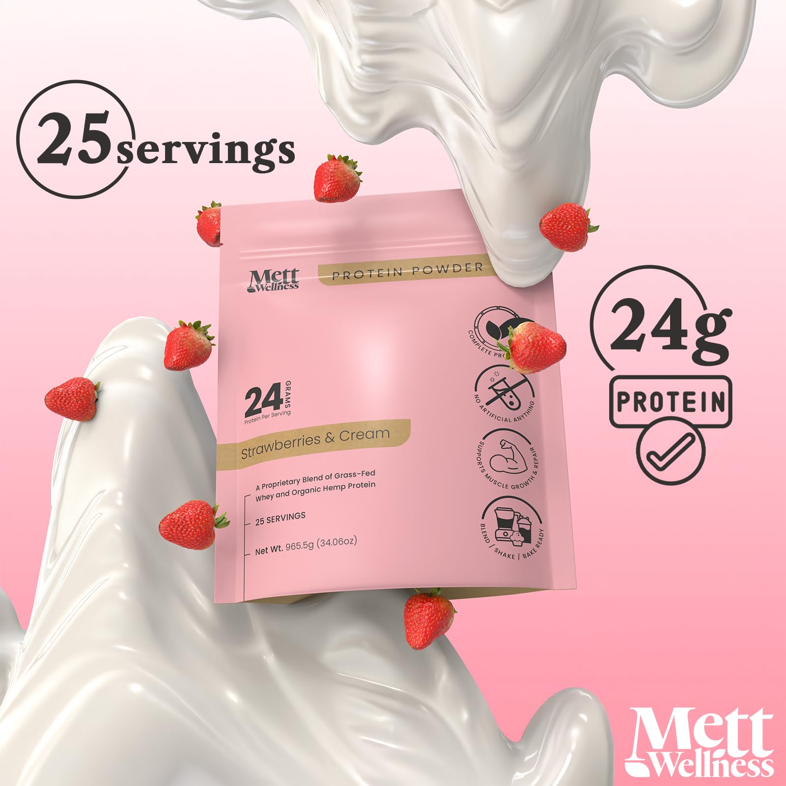 Batido rosado de Mett Wellness listo para post-entrenamiento suave.