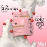 Batido rosado de Mett Wellness listo para post-entrenamiento suave.