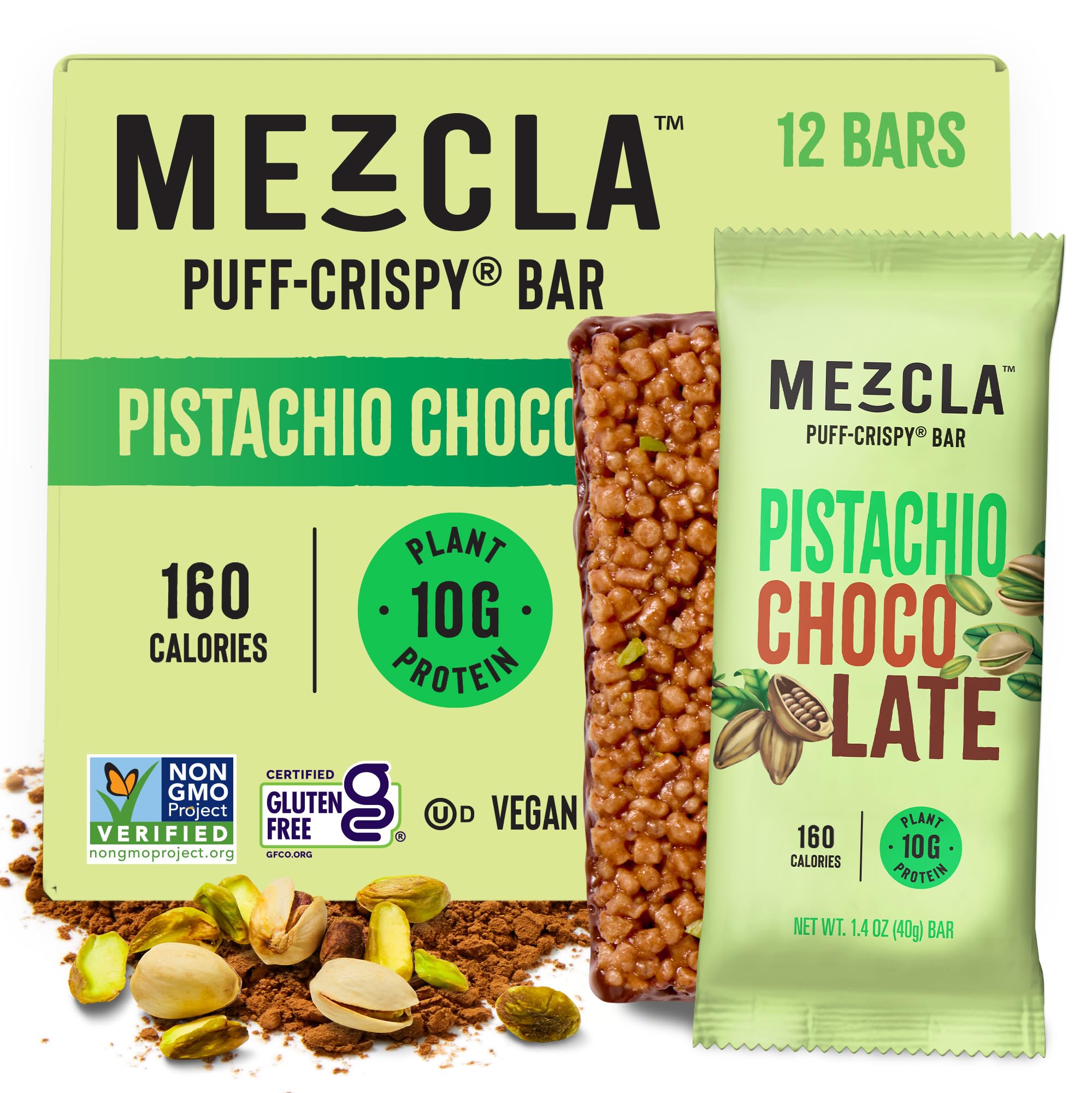 Barra Mezcla Pistacho Chocolate en envase, snack práctico para llevar