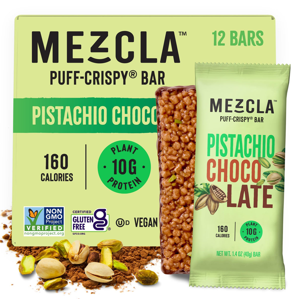 Barra Mezcla Pistacho Chocolate en envase, snack práctico para llevar