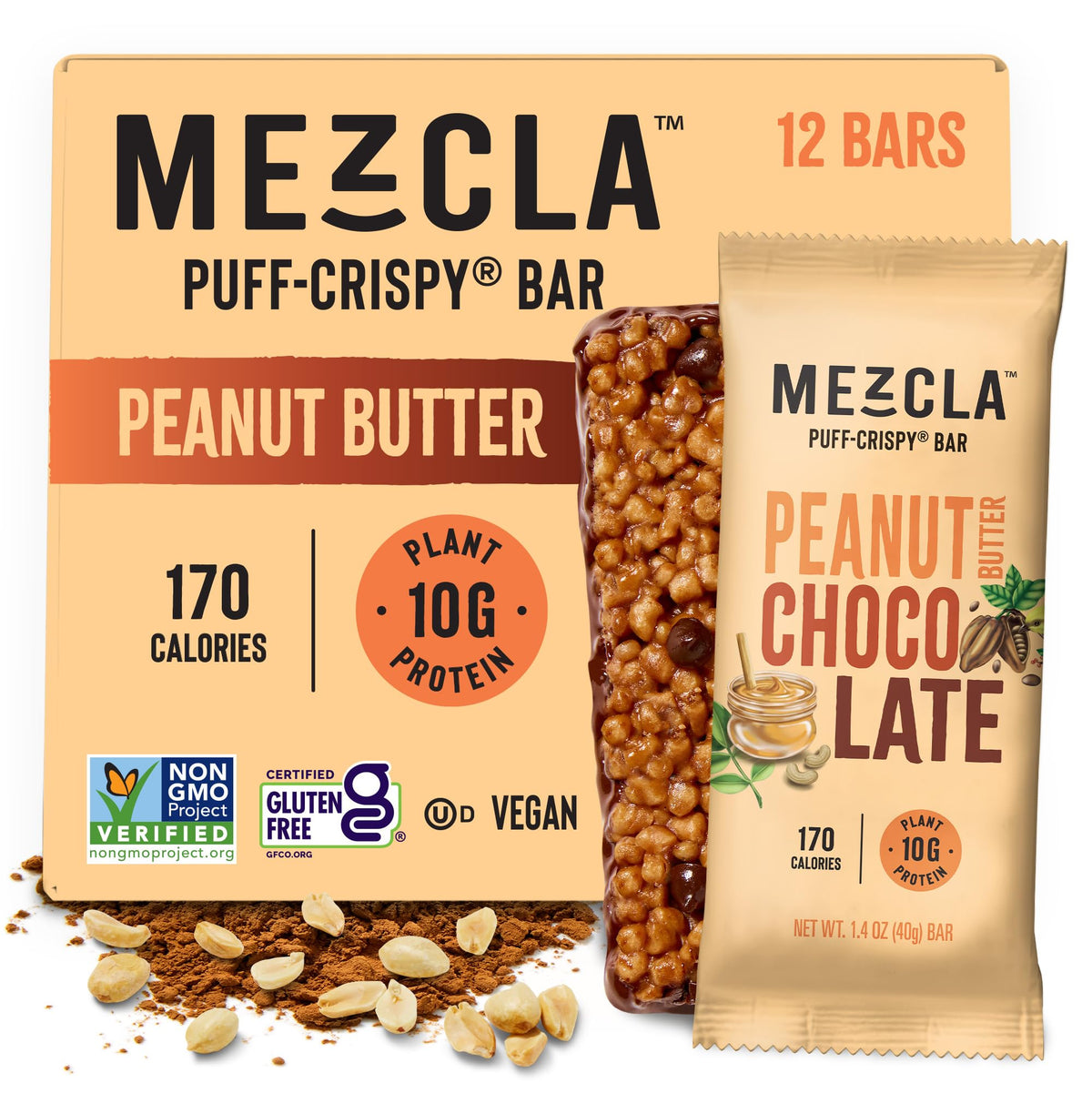 Mezcla: barra proteica puff-crispy con mantequilla de cacahuete y chocolate para una merienda sabrosa.