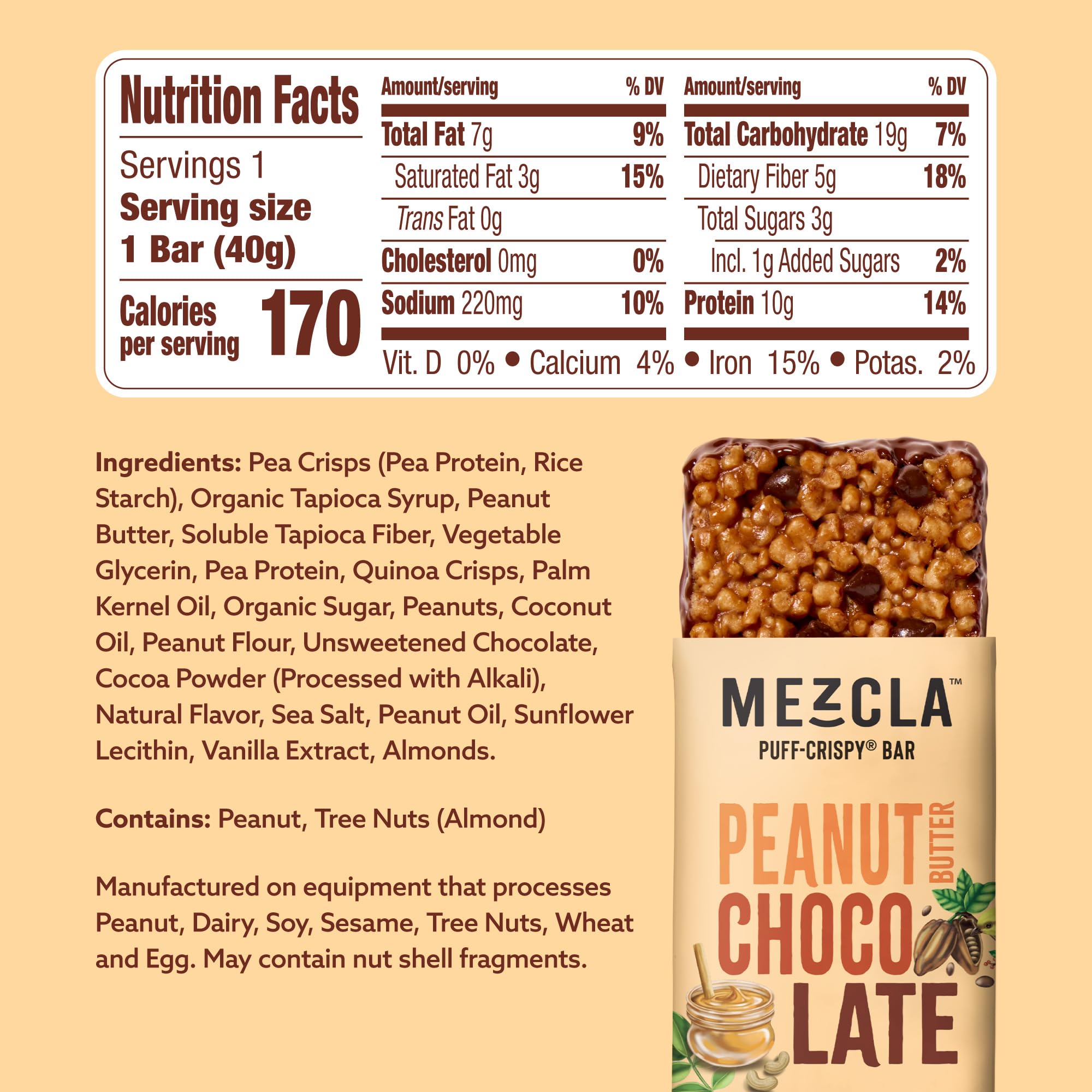Mezcla: barra proteica puff-crispy con textura crujiente, ideal como merienda energizante.