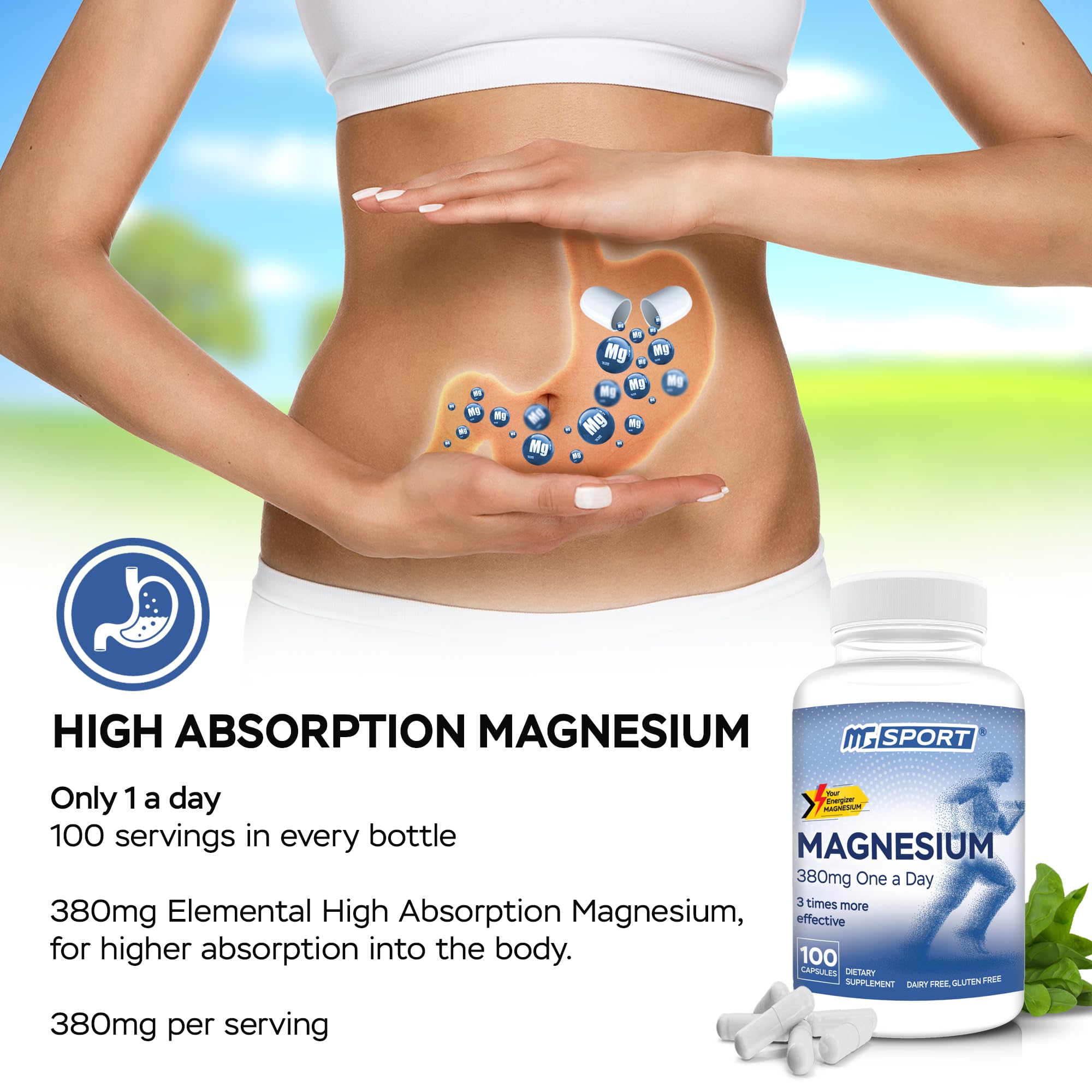 MGSPORT absorcion 3x, entrega magnesio a músculos y sueño.