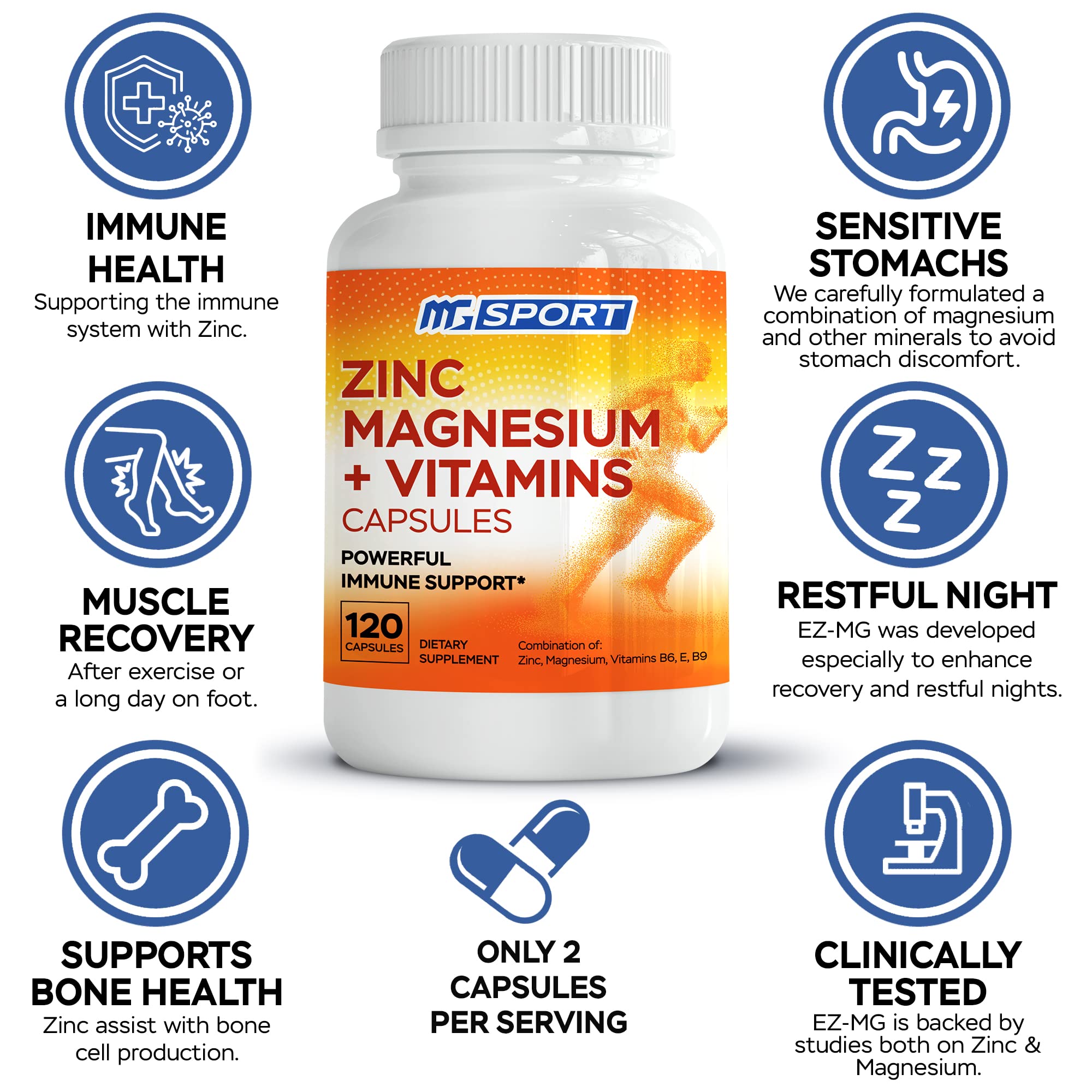MgSport ZMA, cápsulas vegetarianas, fórmula suave para estómago sin molestias.
