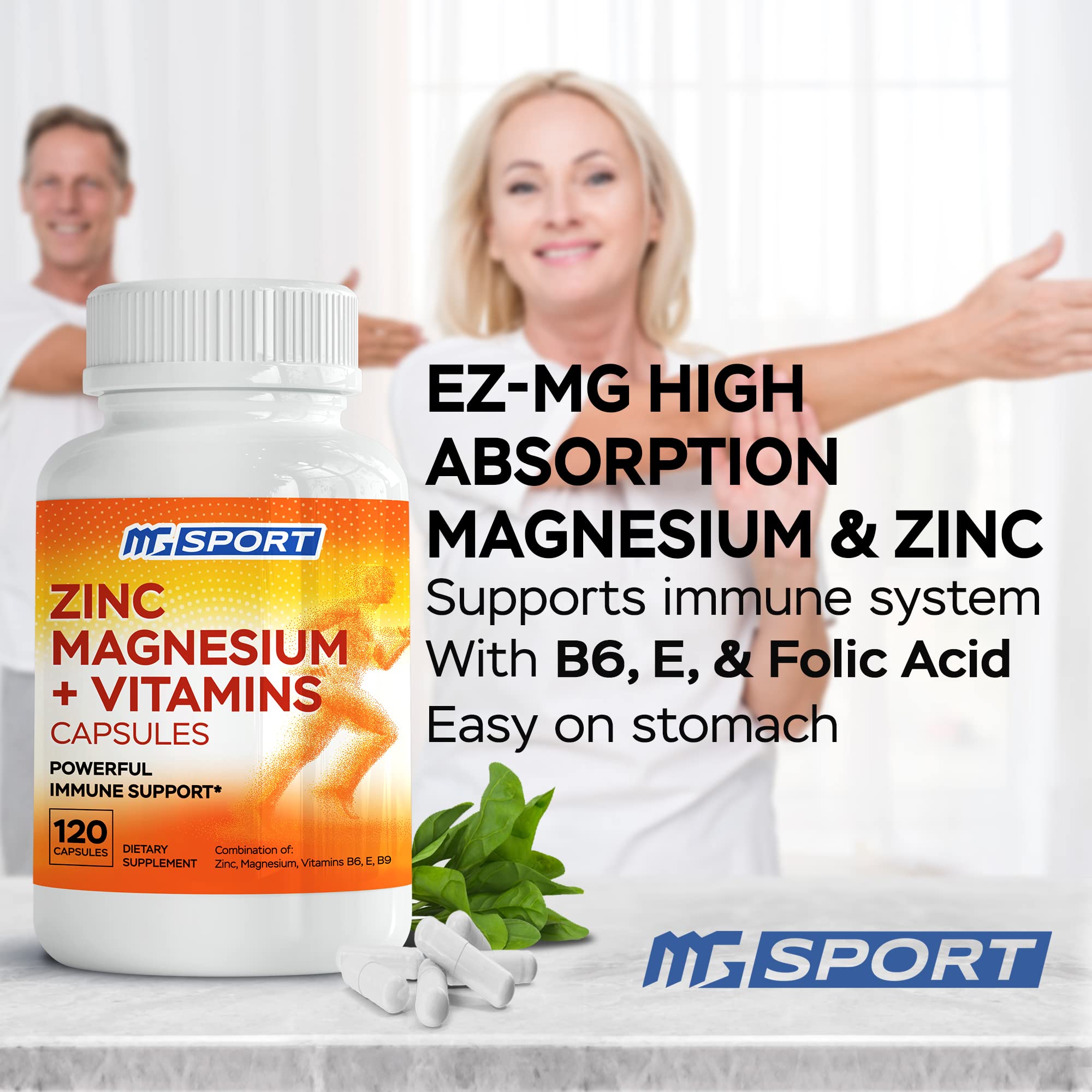 MgSport ZMA, etiqueta frontal que resalta zinc, magnesio y B6/B9.