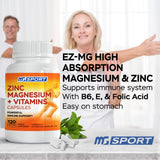 MgSport ZMA, etiqueta frontal que resalta zinc, magnesio y B6/B9.