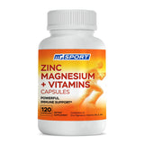 MgSport ZMA, botella del suplemento, apoyo para recuperación muscular y sueño reparador.
