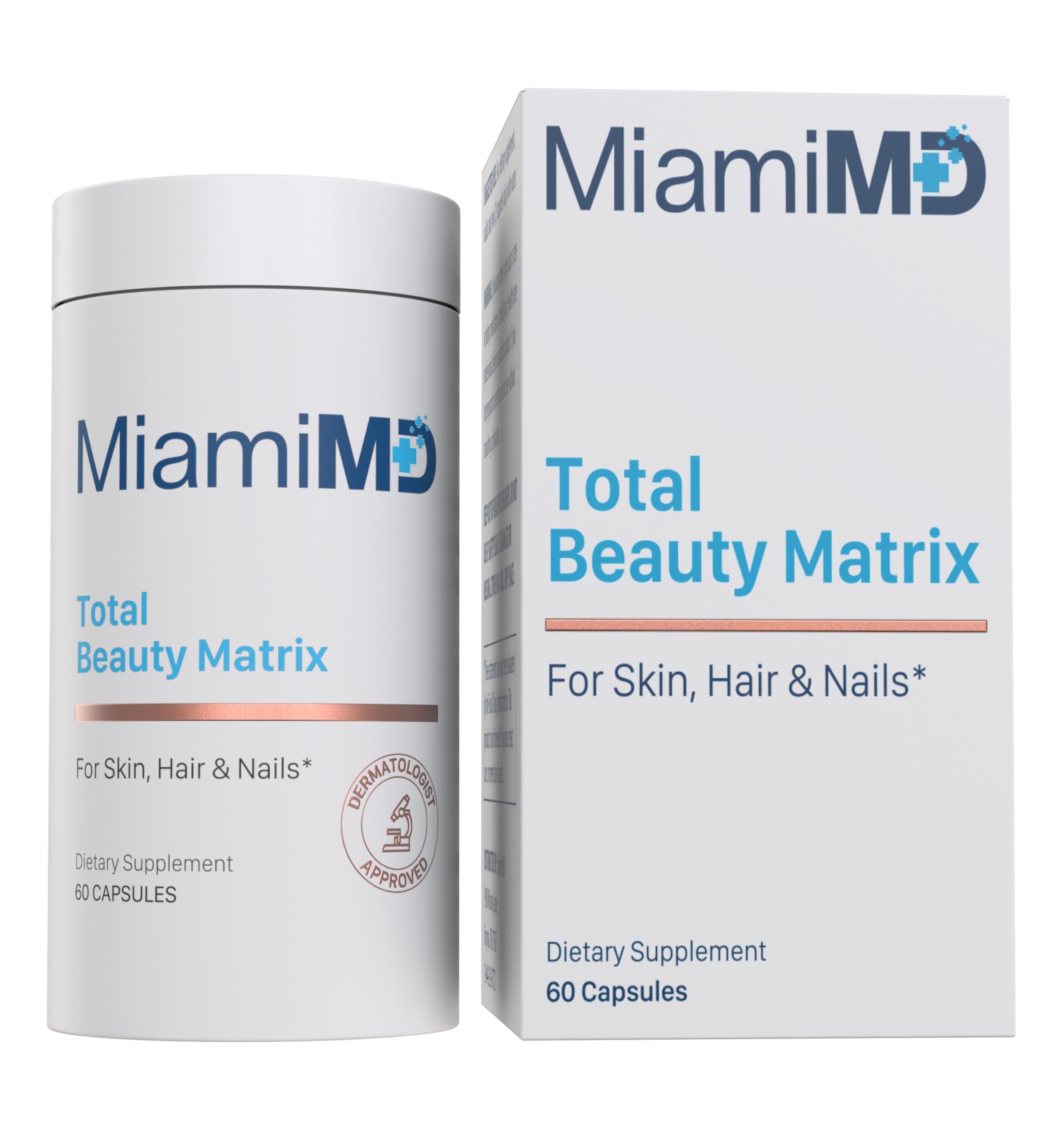 MiamiMD Total Beauty Matrix envase frente con cápsulas, posible apoyo a la apariencia de la piel