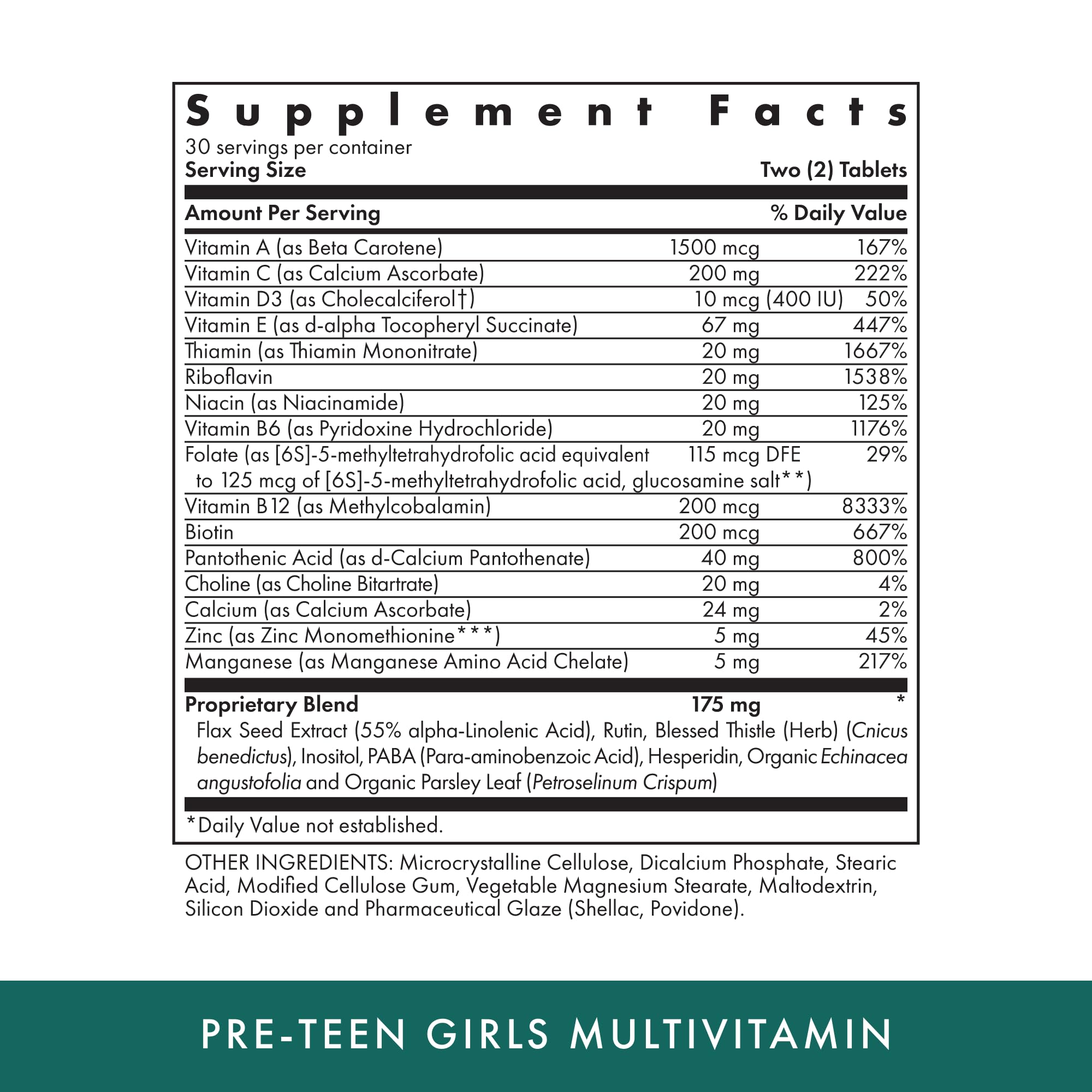 MICHAEL'S Health Pre-Teen Girls, etiqueta visible, información de nutrientes clave.