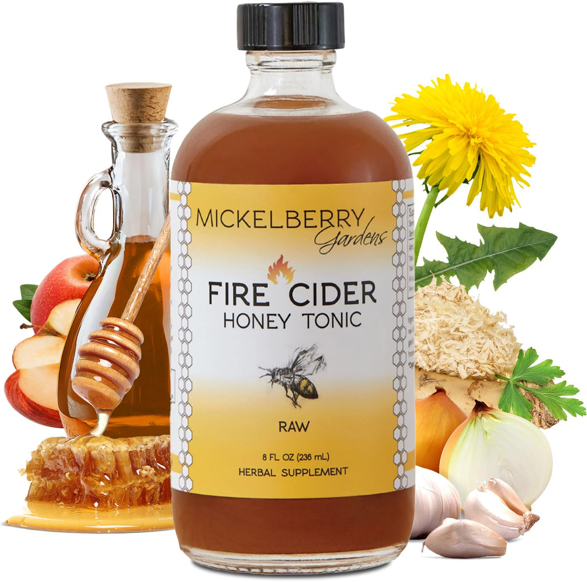 Mickelberry Gardens Fire Cider, botella vertiendo: posible apoyo digestivo con sabor picante