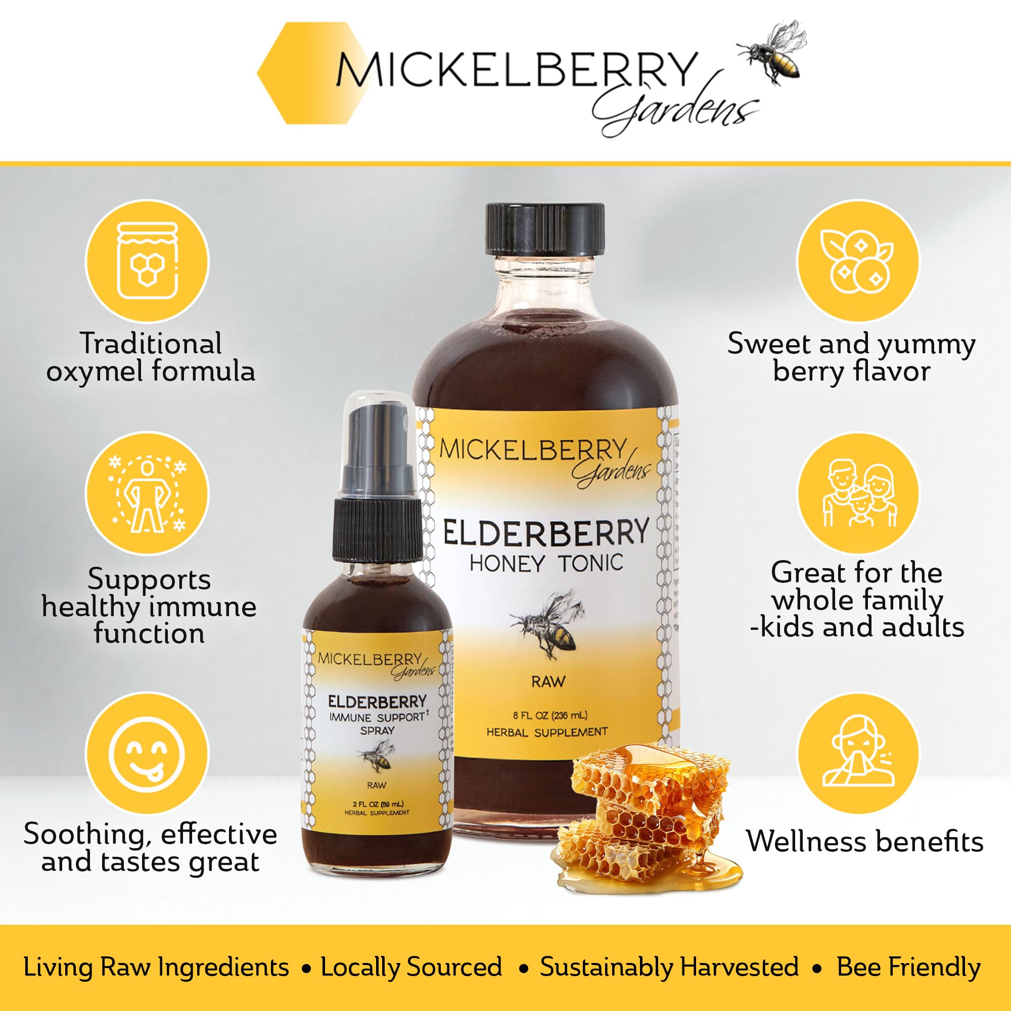Mickelberry Gardens miel cruda en botella, sabor suave y natural para endulzar de forma natural.