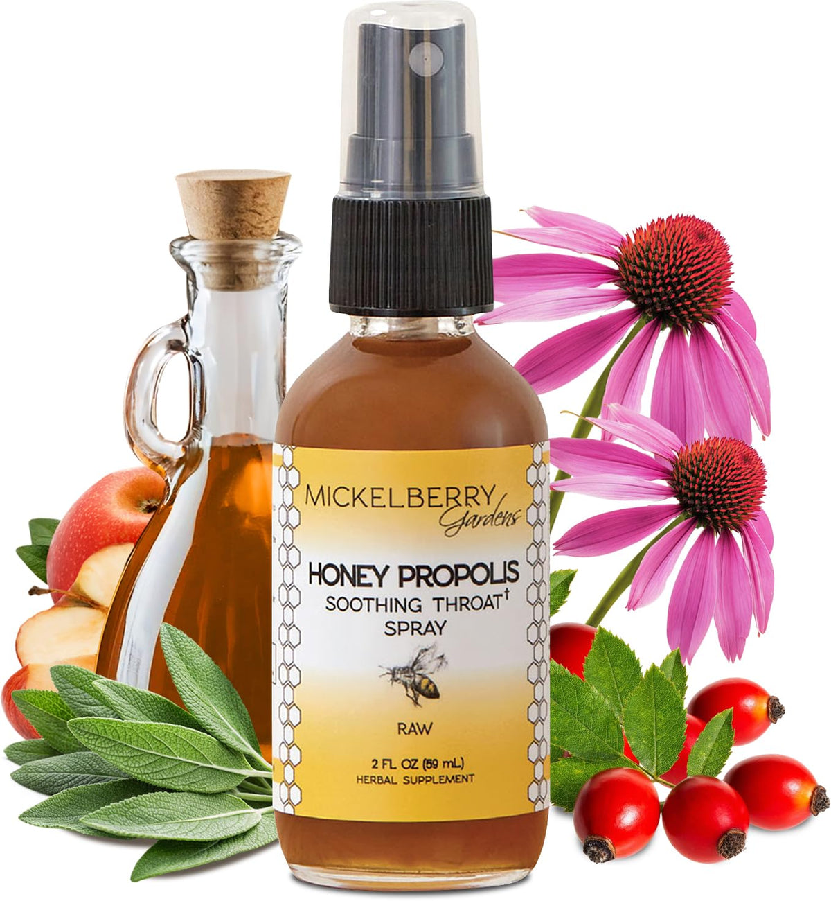 Spray para garganta de Mickelberry Gardens en botella para alivio suave.
