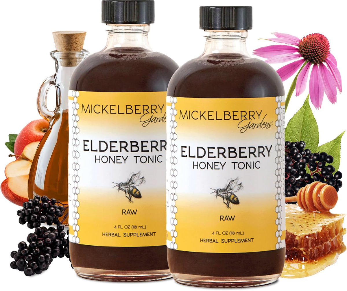 Tonico Mickelberry Gardens sauco y miel en botella doble para uso diario