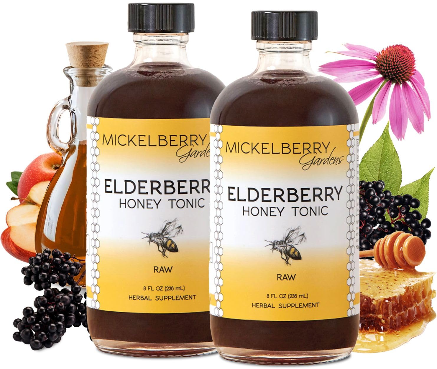 Mickelberry Gardens Tonico Sauco Miel: botella lista para rutina diaria de bienestar.
