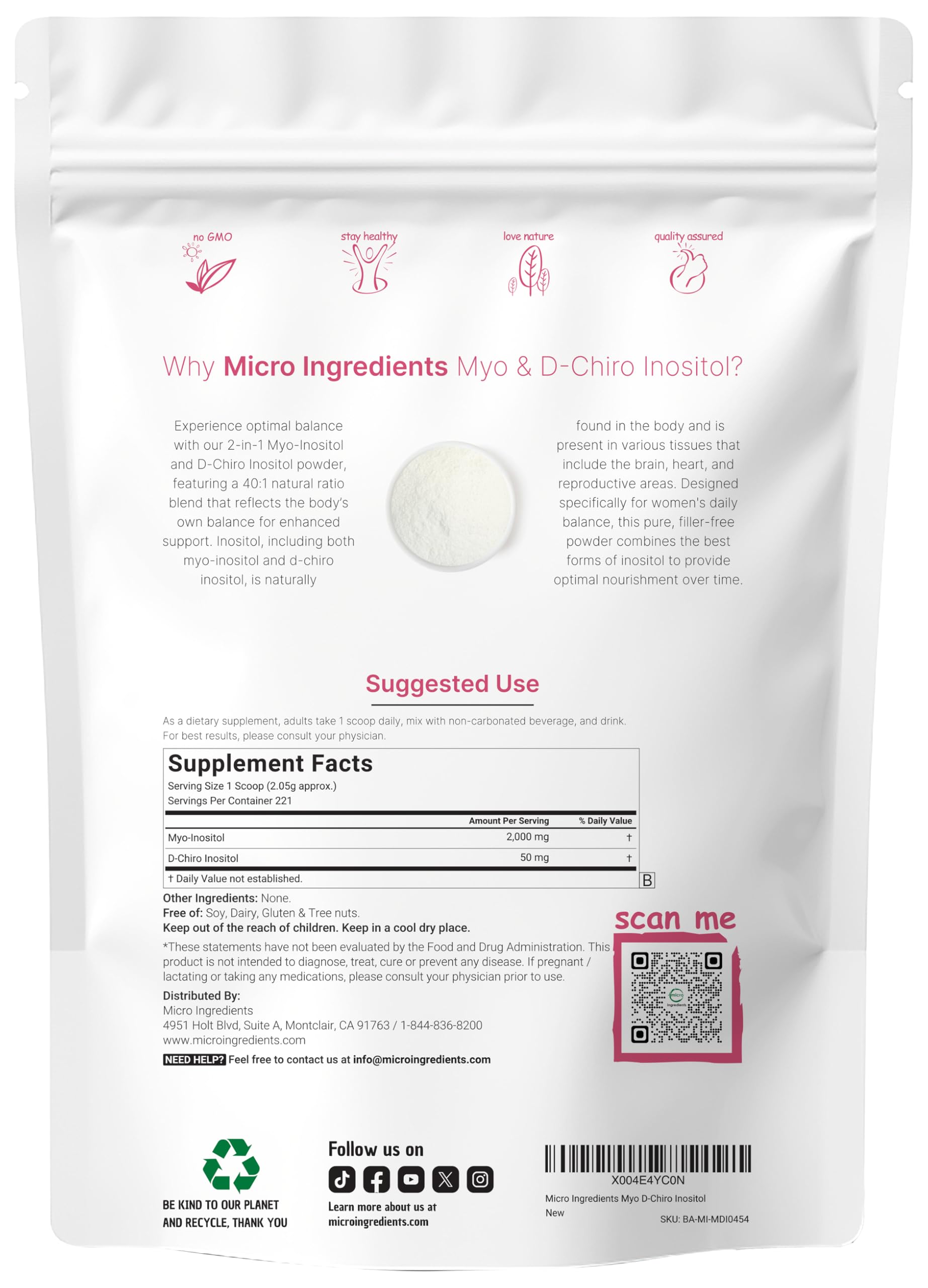 Micro Ingredients 221 porciones en empaque para seguimiento diario.
