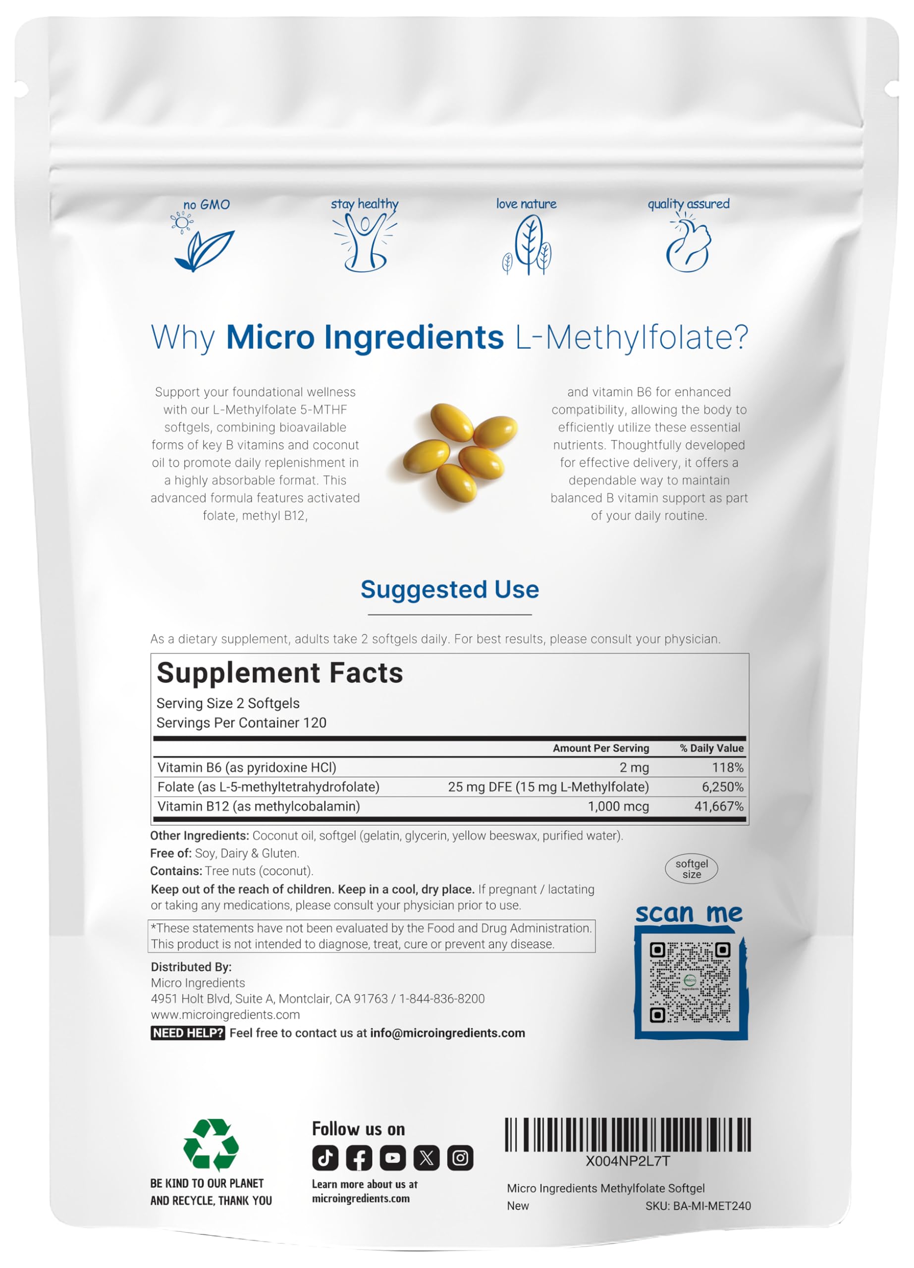 Micro Ingredients 5-MTHF activos capsulas con B6 y B12 para energía sostenida.