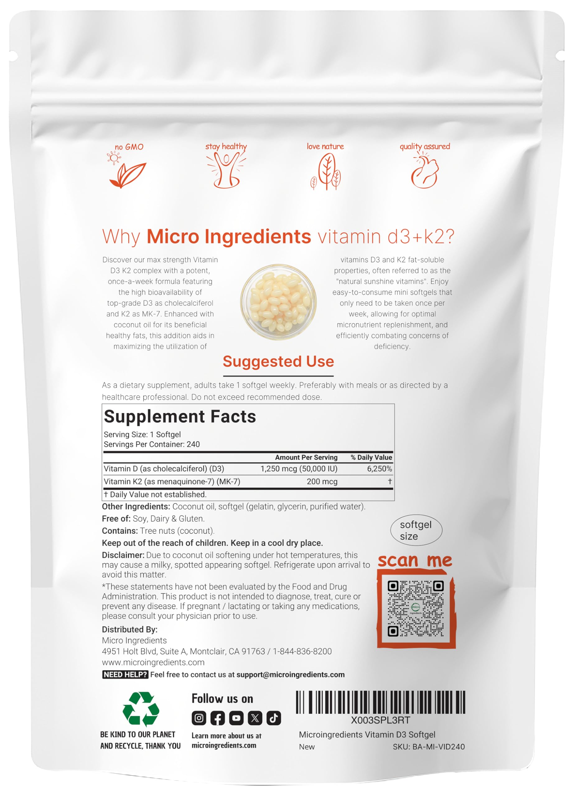 Micro Ingredients D3 + K2 con aceite de coco virgen, cápsulas suaves para absorción.