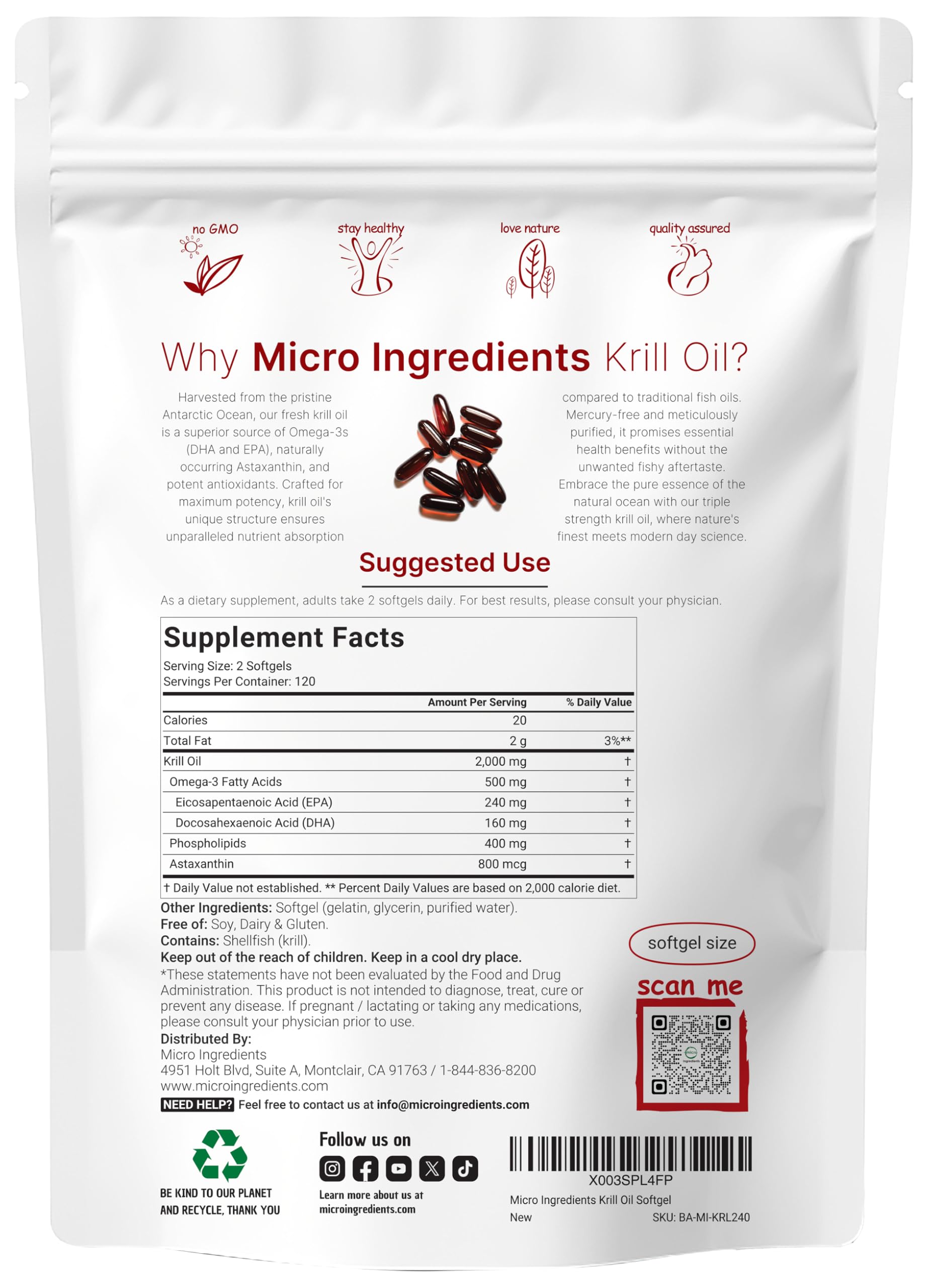 Botella de aceite de krill antártico Micro Ingredients lista para consumir.